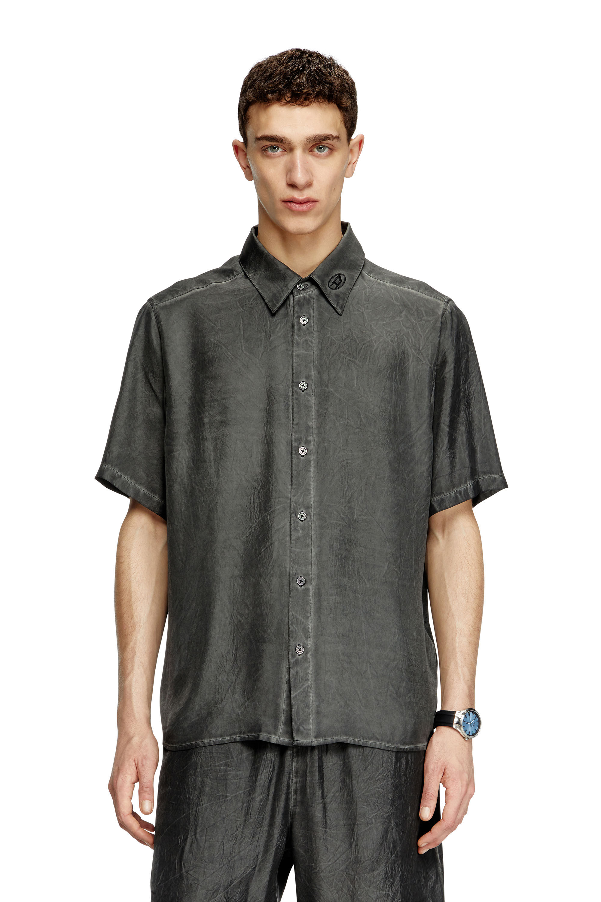 Diesel - S-LEON-SHORT, Chemise à manches courtes froissée avec col à logo Mixte in Noir - 3