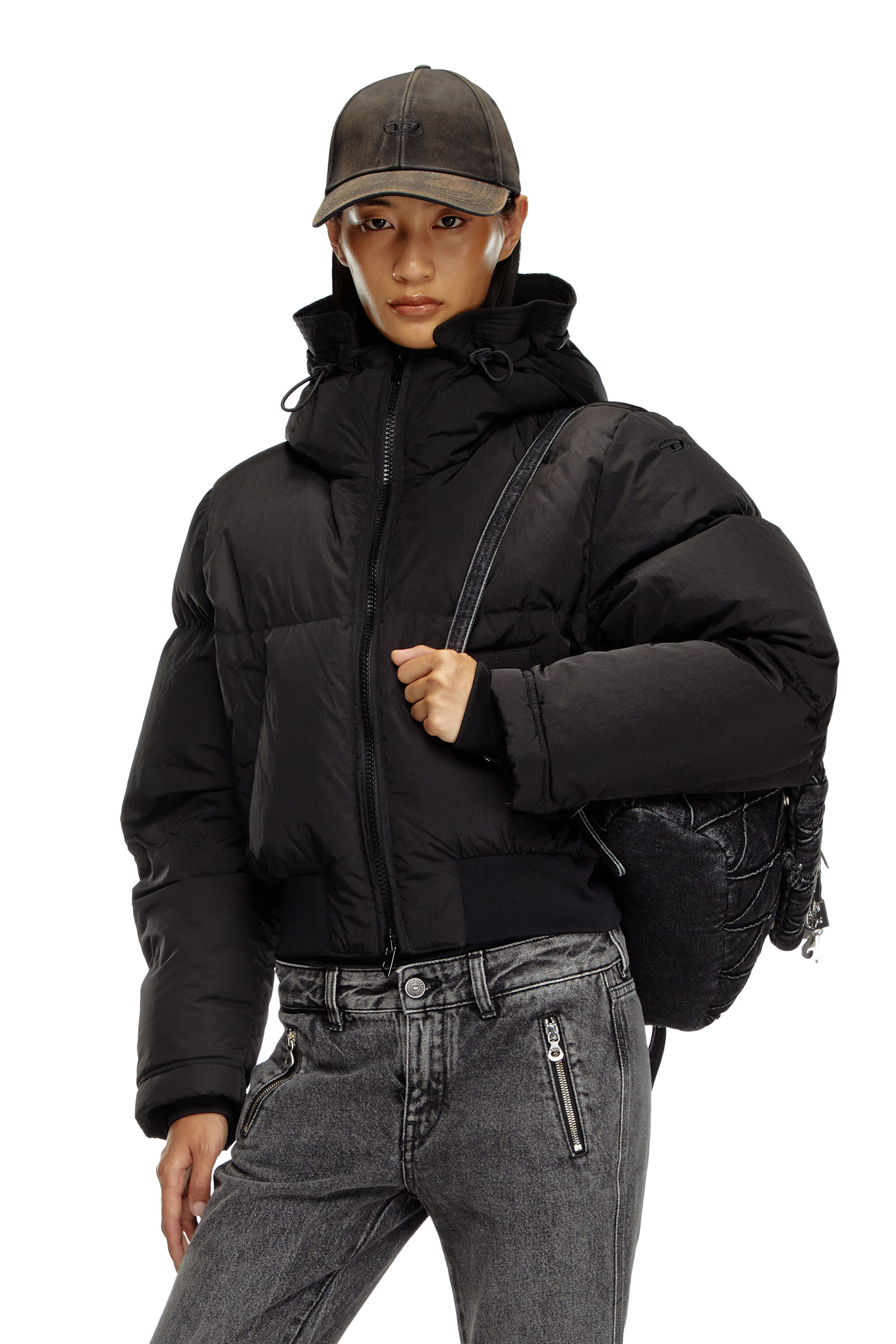 Doudoune a capuche en nylon froisse Femme Noir Diesel