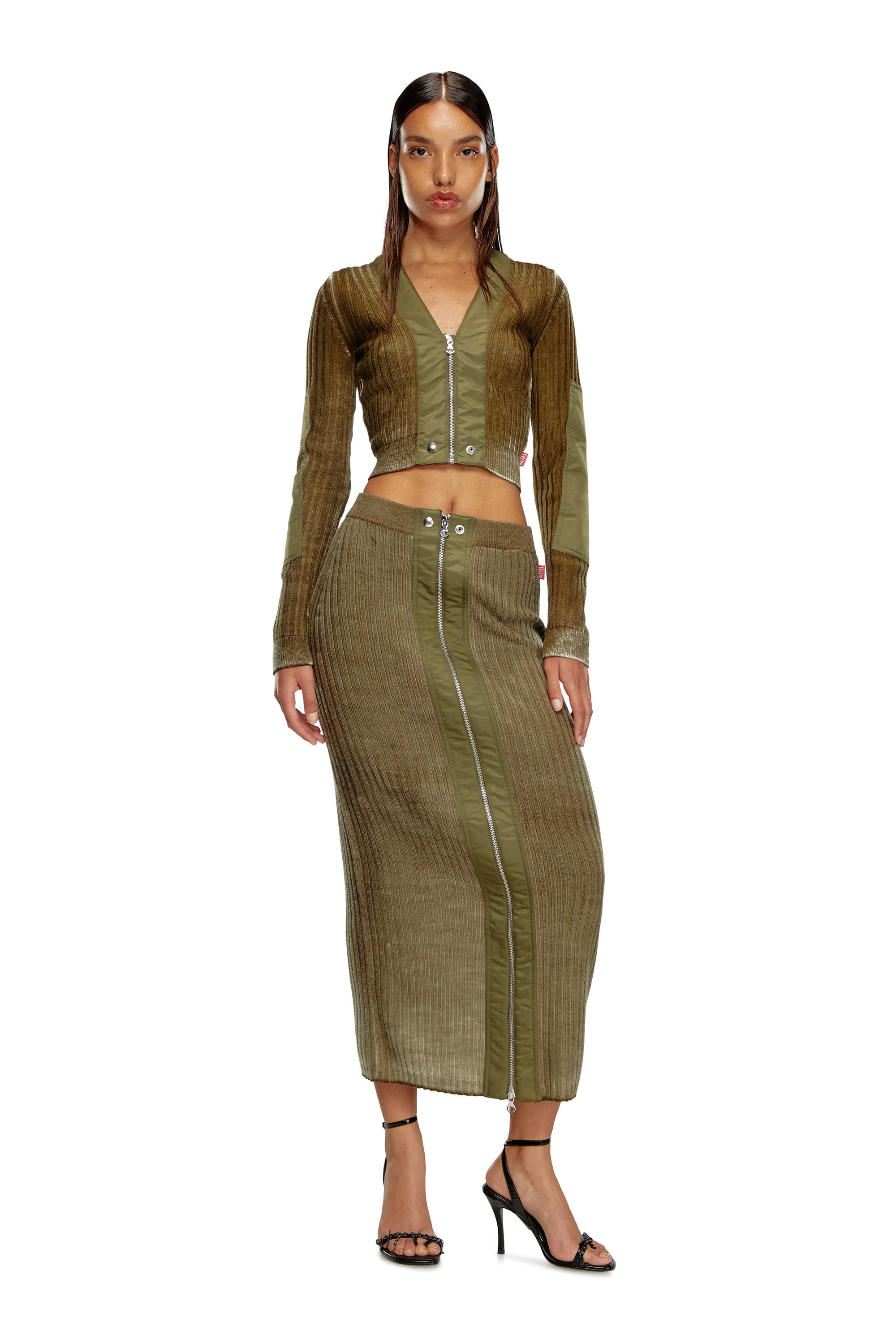 Diesel - M-ASERA, Cardigan crop en laine avec bordures en nylon Femme in Vert - 1