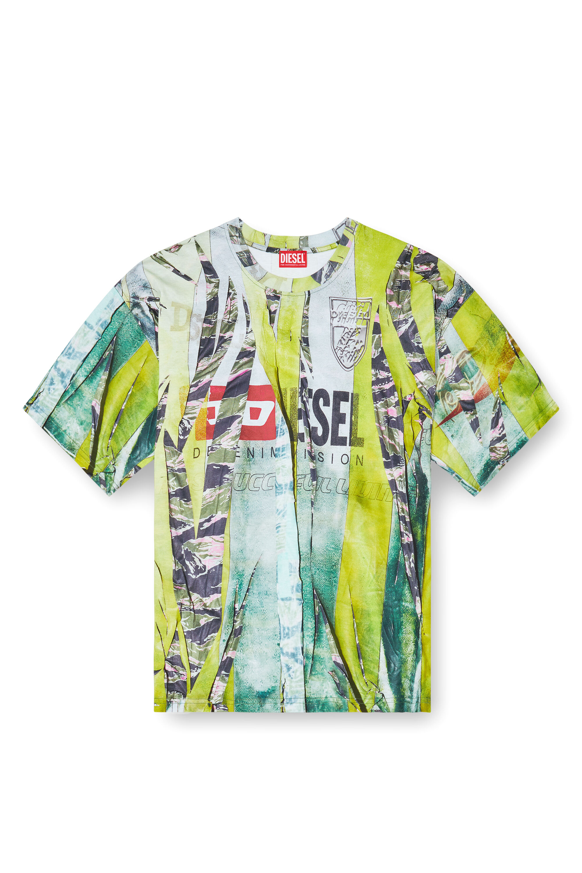 Diesel - T-BOXT-R13, Male's T-shirt with trompe l'oeil cracked print in Green/Yellow - 2