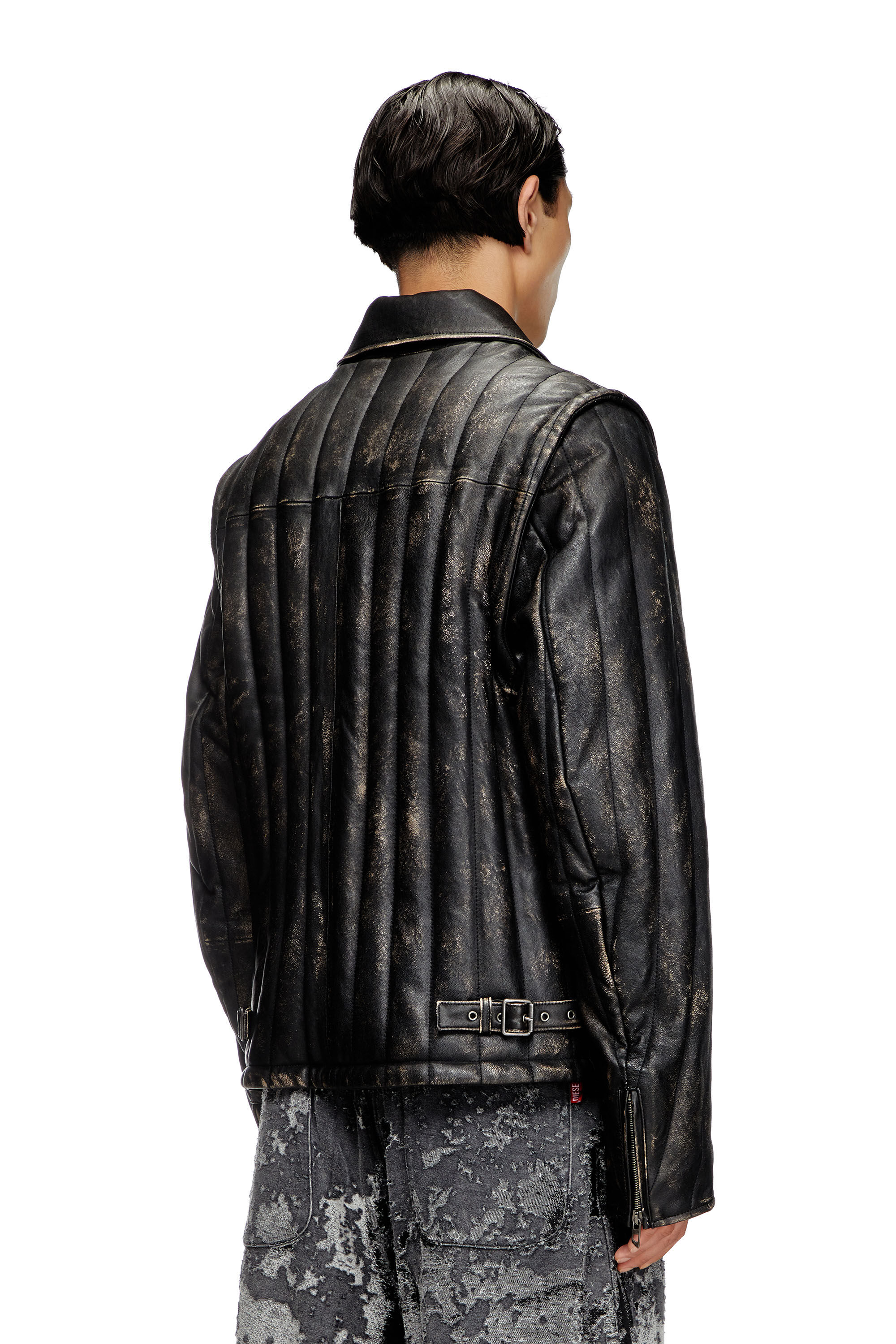 Men s Distressed quilted leather jacket vest Black Diesel