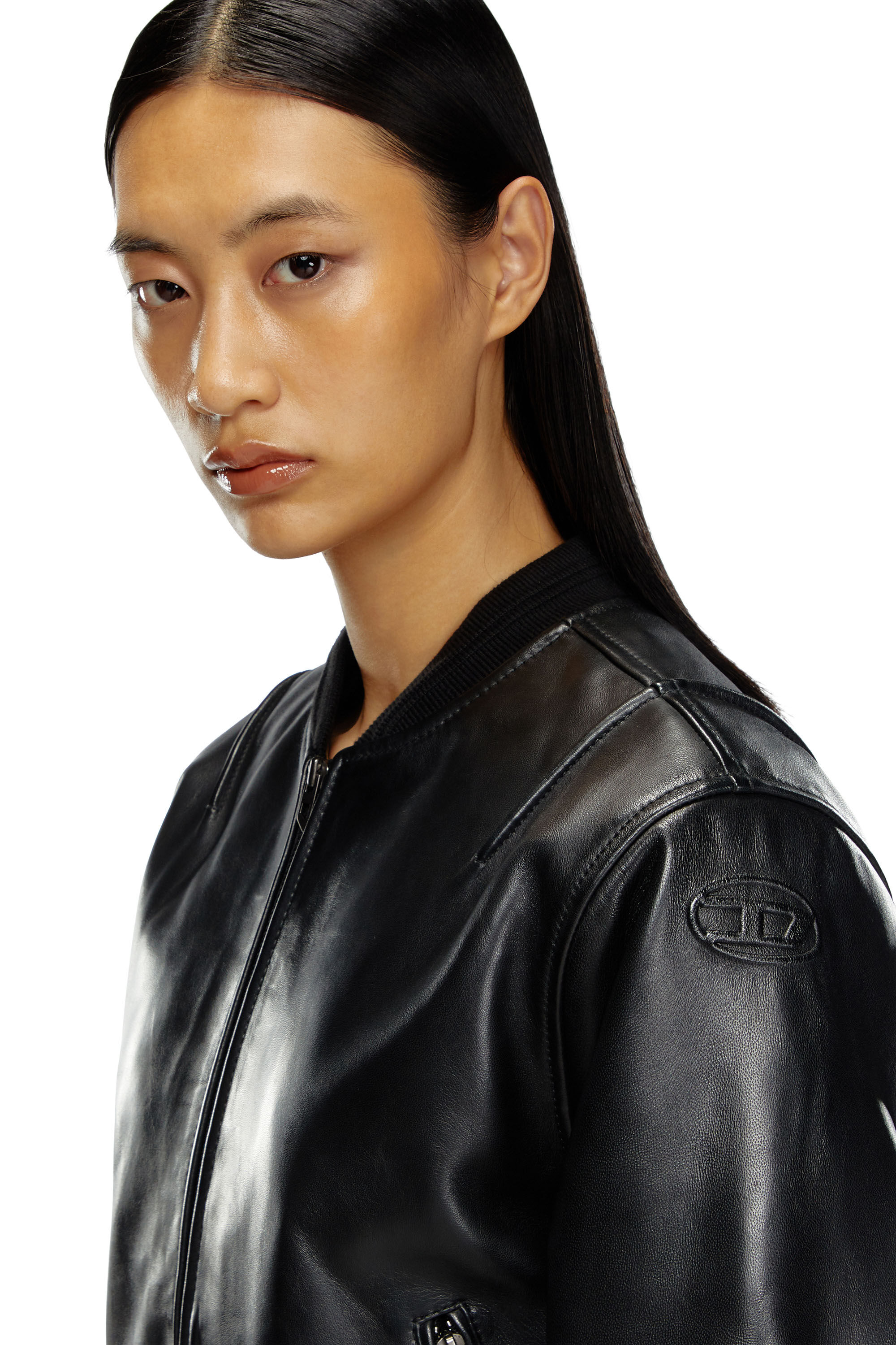 Women s Oversized leather bomber jacket Black Diesel
