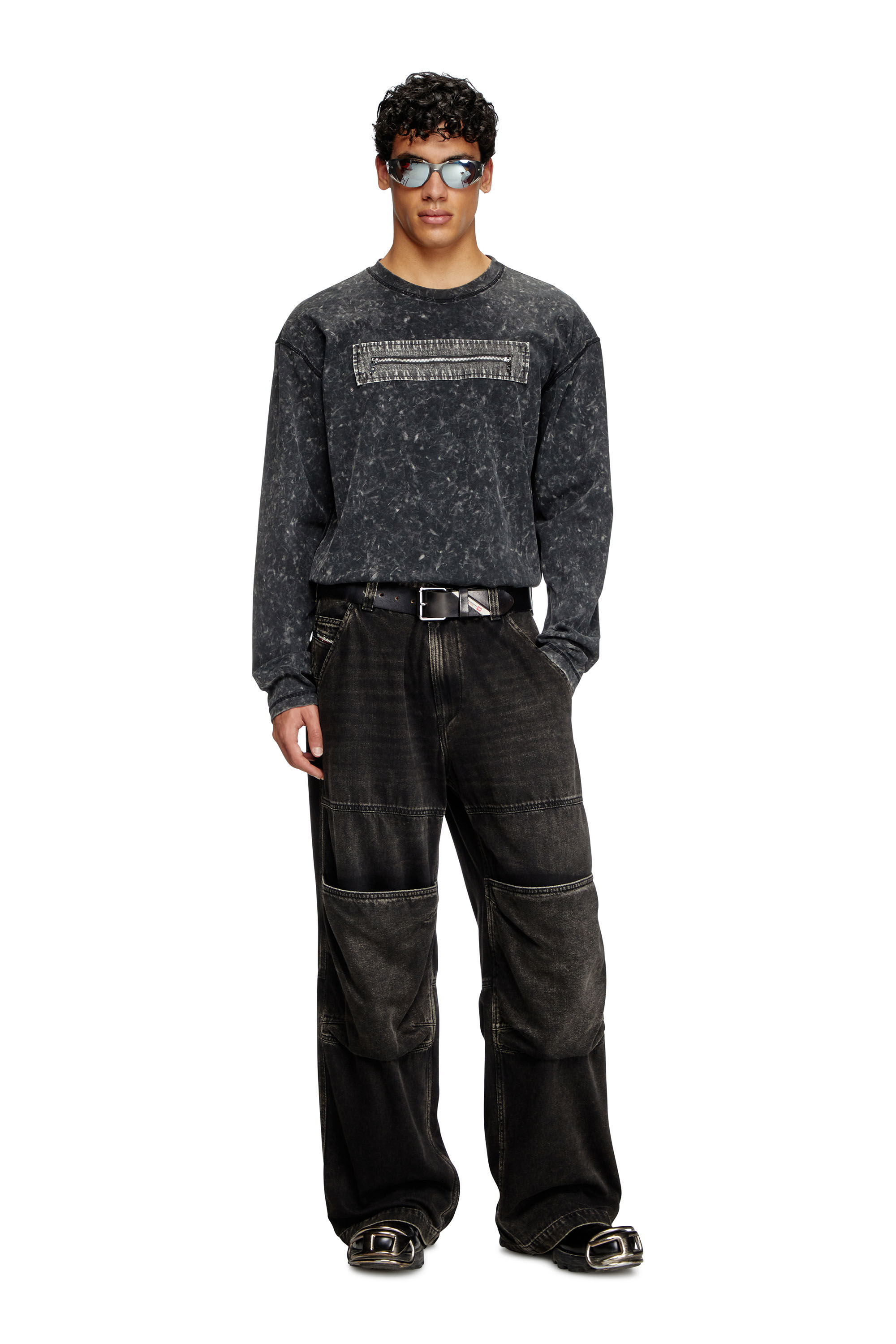 Diesel - T-AUSER, Male's Marble-effect top with zipped cu-outs in Black - 1
