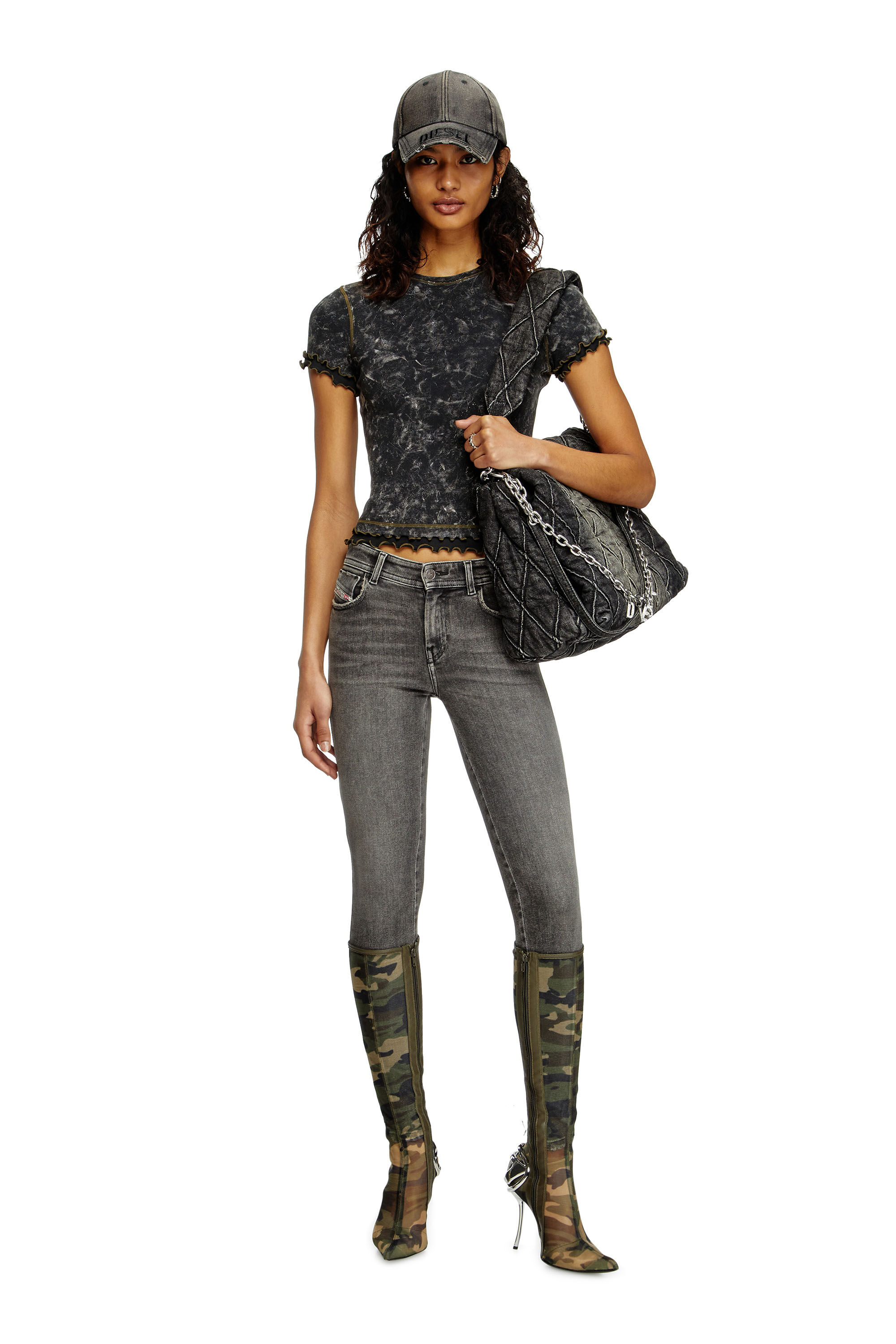 Diesel - T-FLU, Female's Marbled T-shirt with ruffled trims in Black - 1