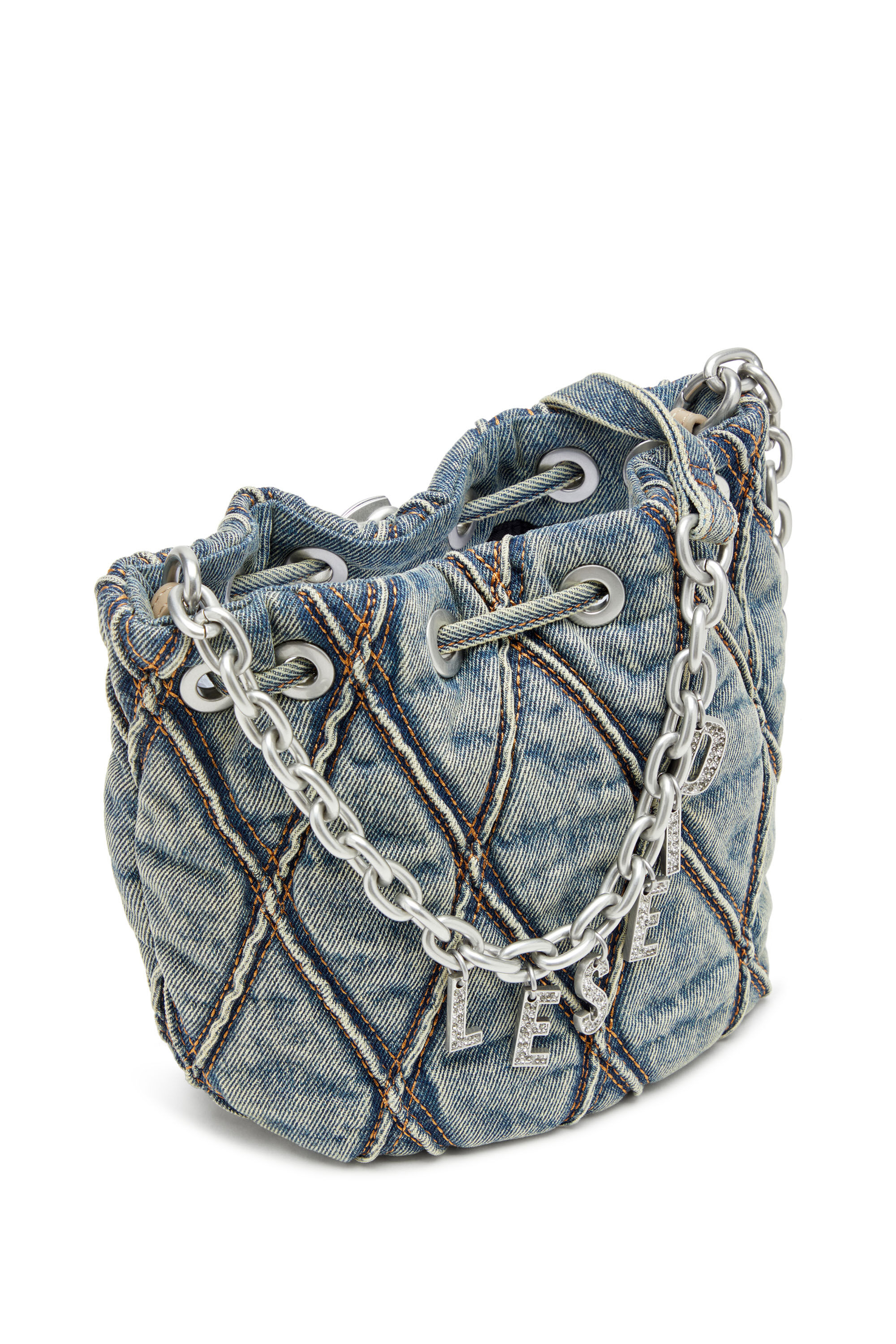 Diesel - CHARM-D BUCKET S, Charm-D S-Mini sac seau en denim matelassé à motif losange Femme in Bleu - 5