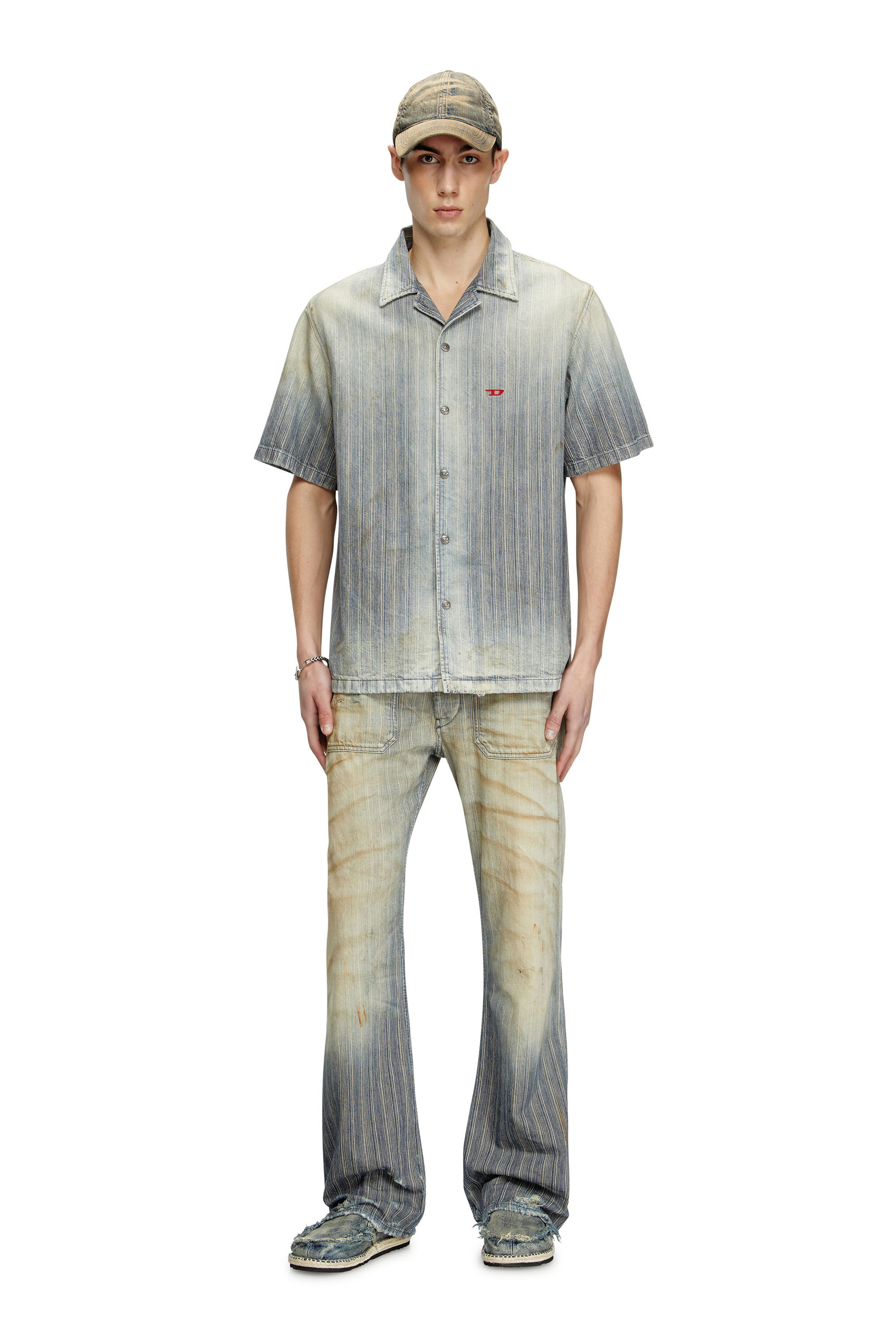 Diesel - D-NABIL-D, Male's Bowling shirt in striped indigo denim in Medium Blue - 1