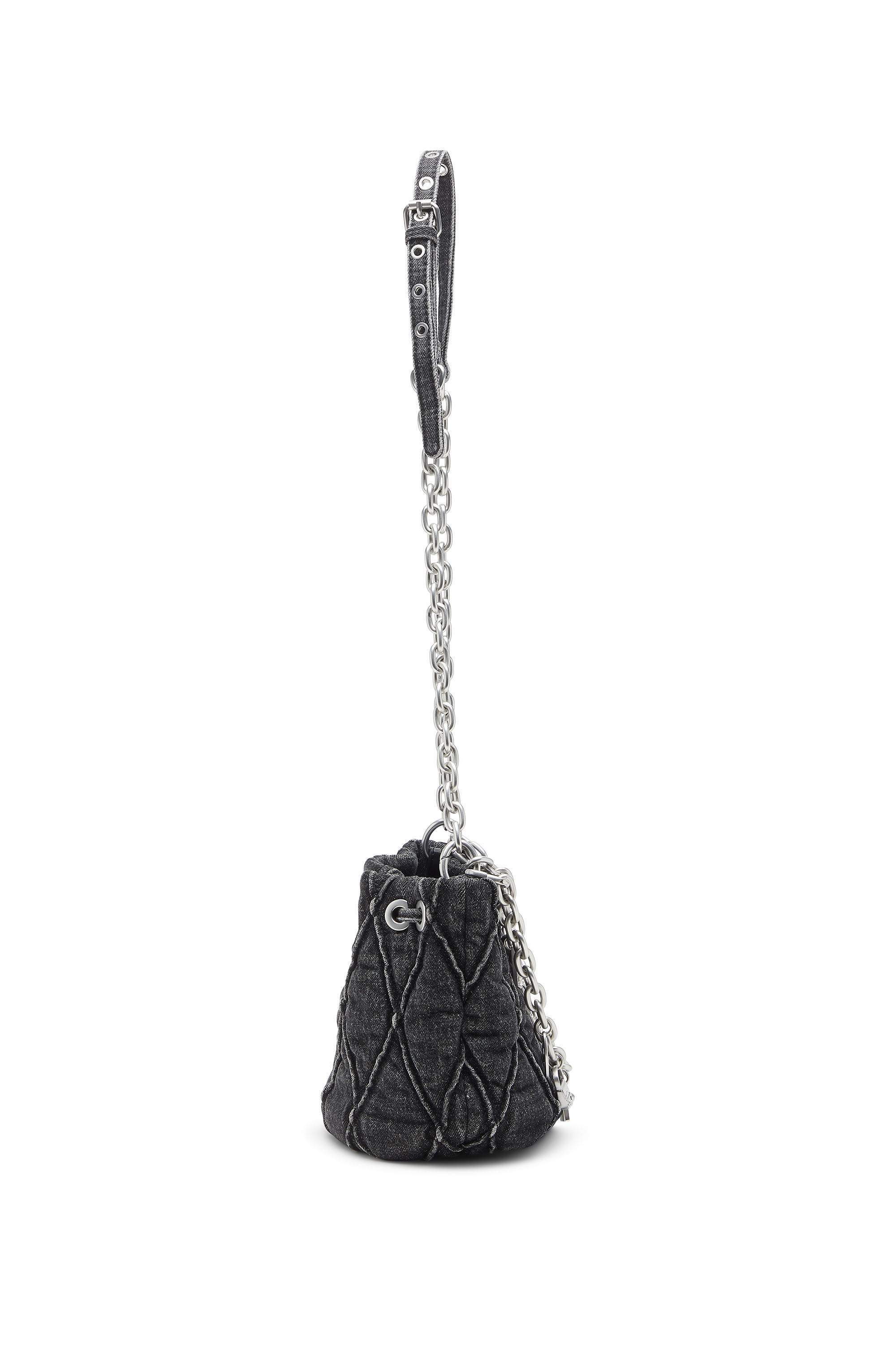 Diesel - HOSHI CHARM-D BUCKET S, Female's Quilted-denim bucket bag with chain charms in Black - 4