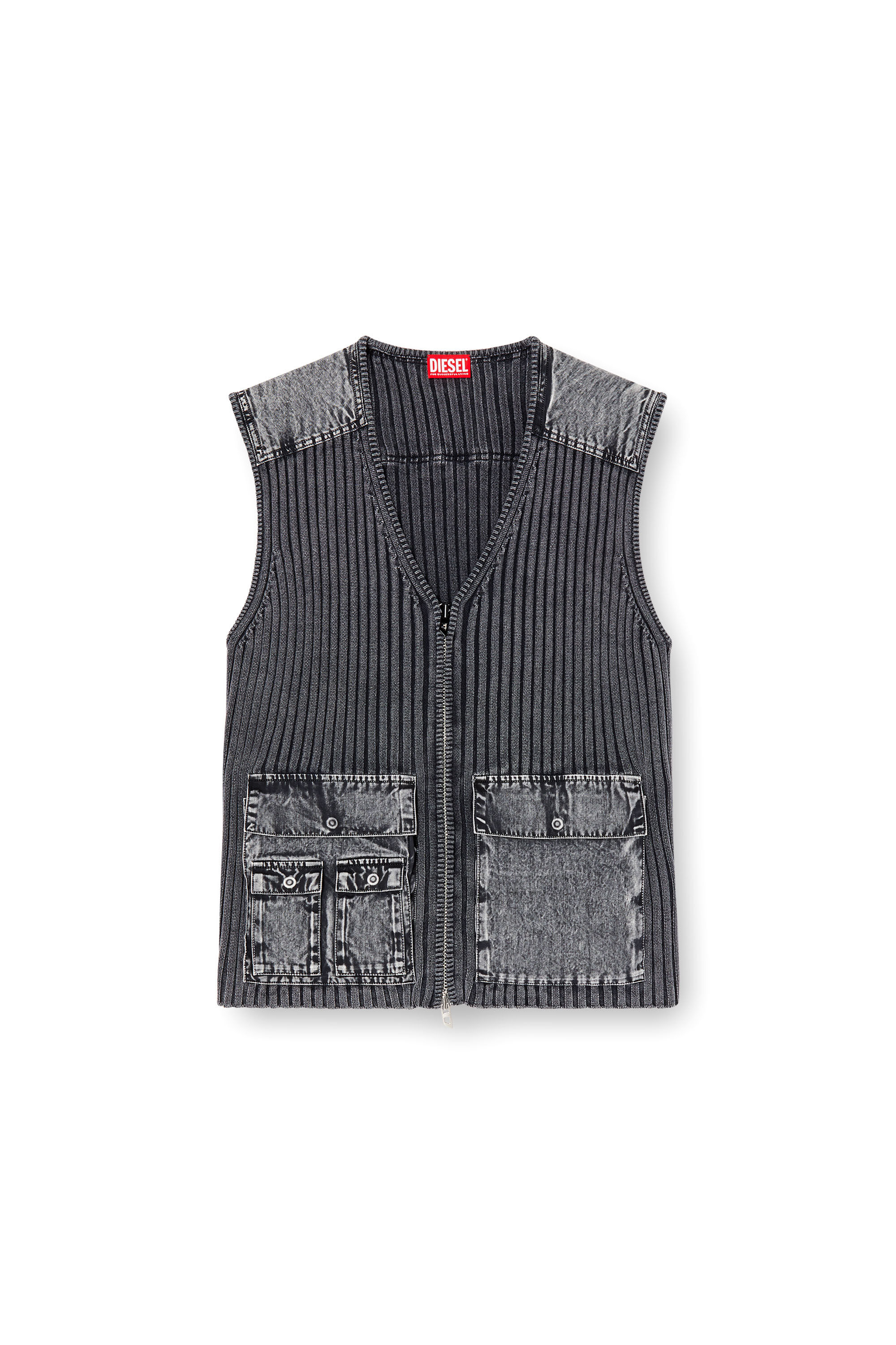 Diesel - K-MARGIE, Gilet utilitaire en maille côtelée et denim Homme in Gris - 2