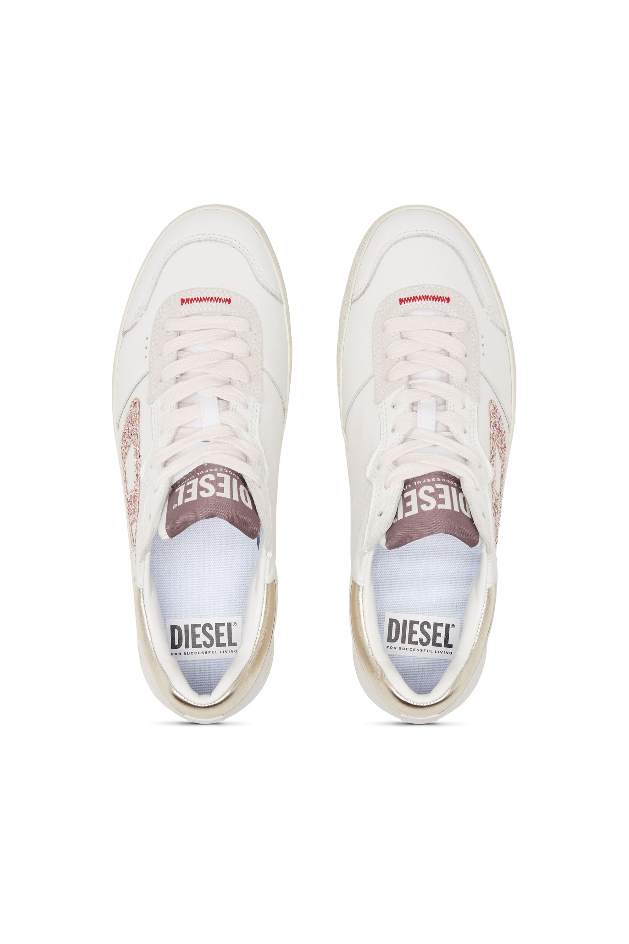 Diesel - S-LEROJI LOW W, Female's S-Leroji-Leather sneakers with glitter logo in White/Pink - 4