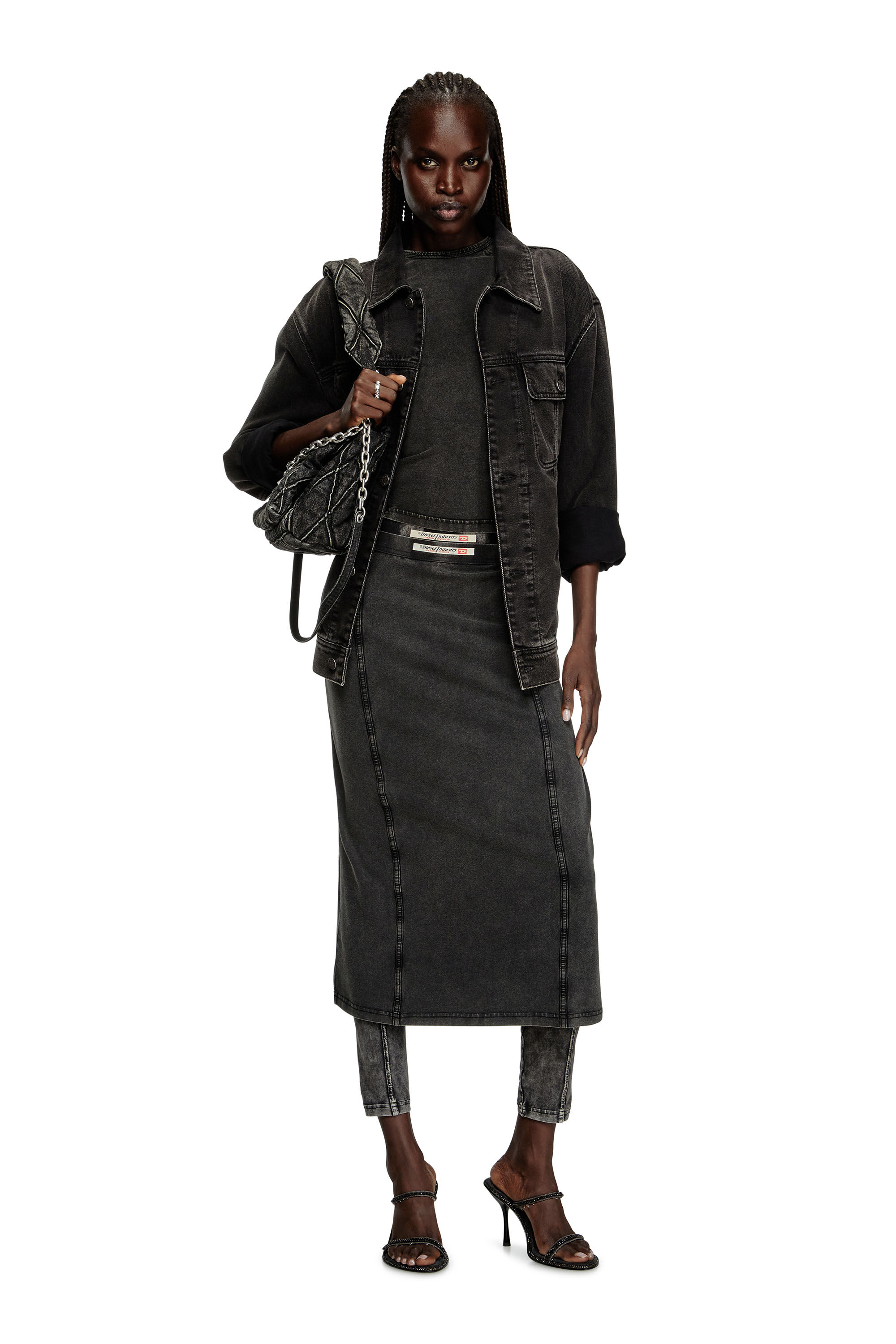 Diesel - O-ALLEGRA, Jupe midi à effet denim Femme in Noir - 1
