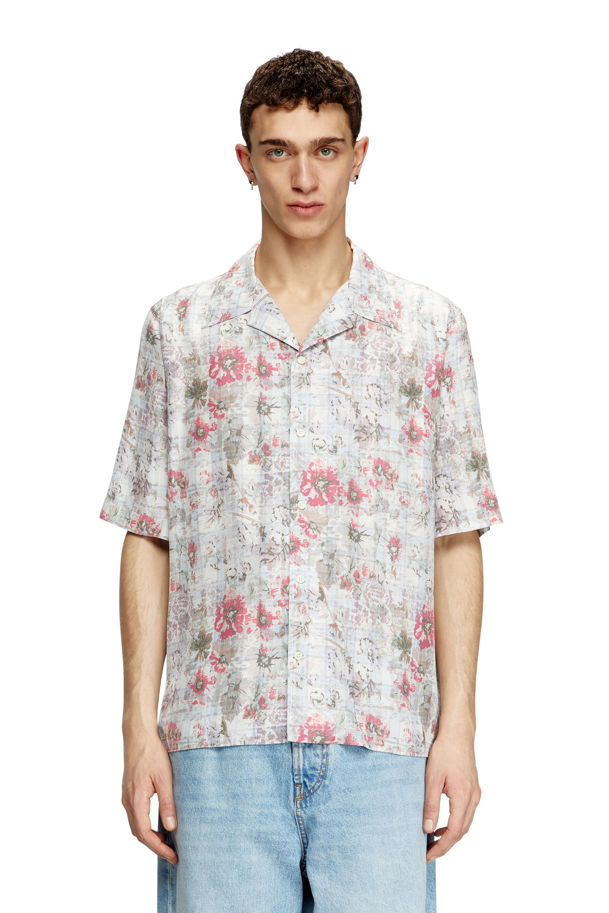 Diesel - S-LEYS, Male's Bowling shirt with floral print in Blue/Pink - 3