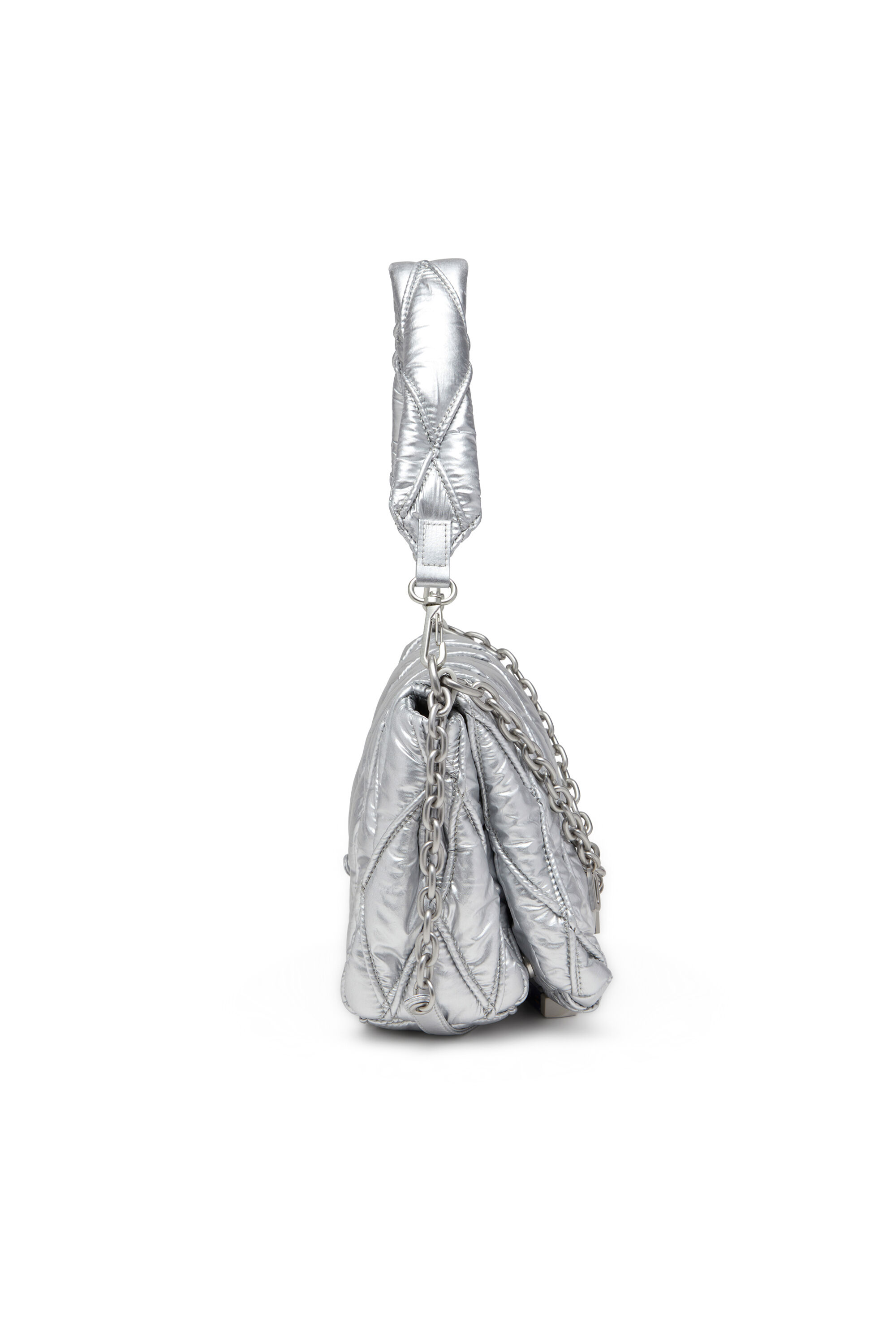 Diesel - CHARM-D SHOULDER M, Female's Charm-D M-Shoulder bag in quilted metallic nylon in Silver - 4