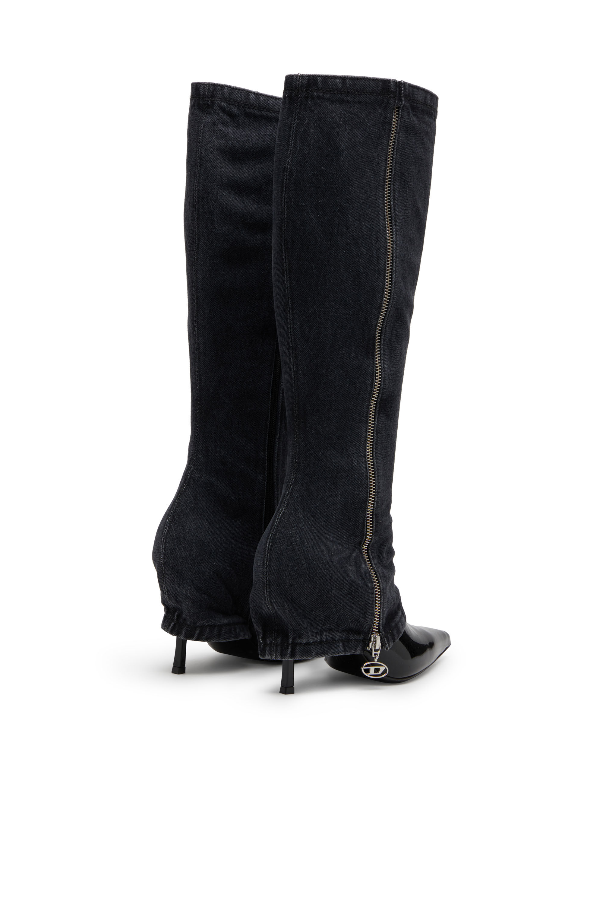 Diesel - D-VENUS TWISTED BOOT, D-Venus-Botte à talon aiguille hauteur genou avec effet de jean trompe-l'œil Femme in Noir - 3