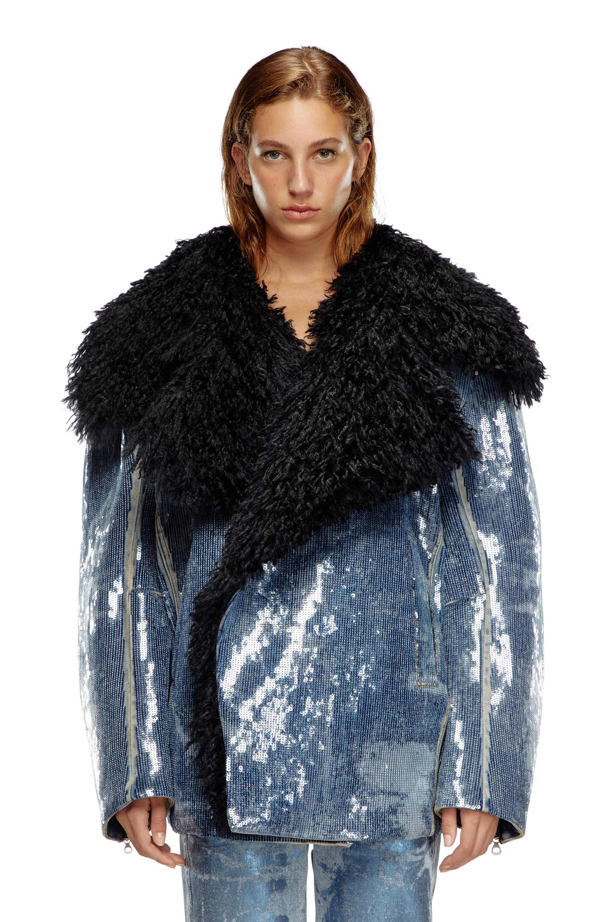 Diesel - DE-BIKA-S, Female's Sequin denim jacket with shaggy collar in Blue - 3