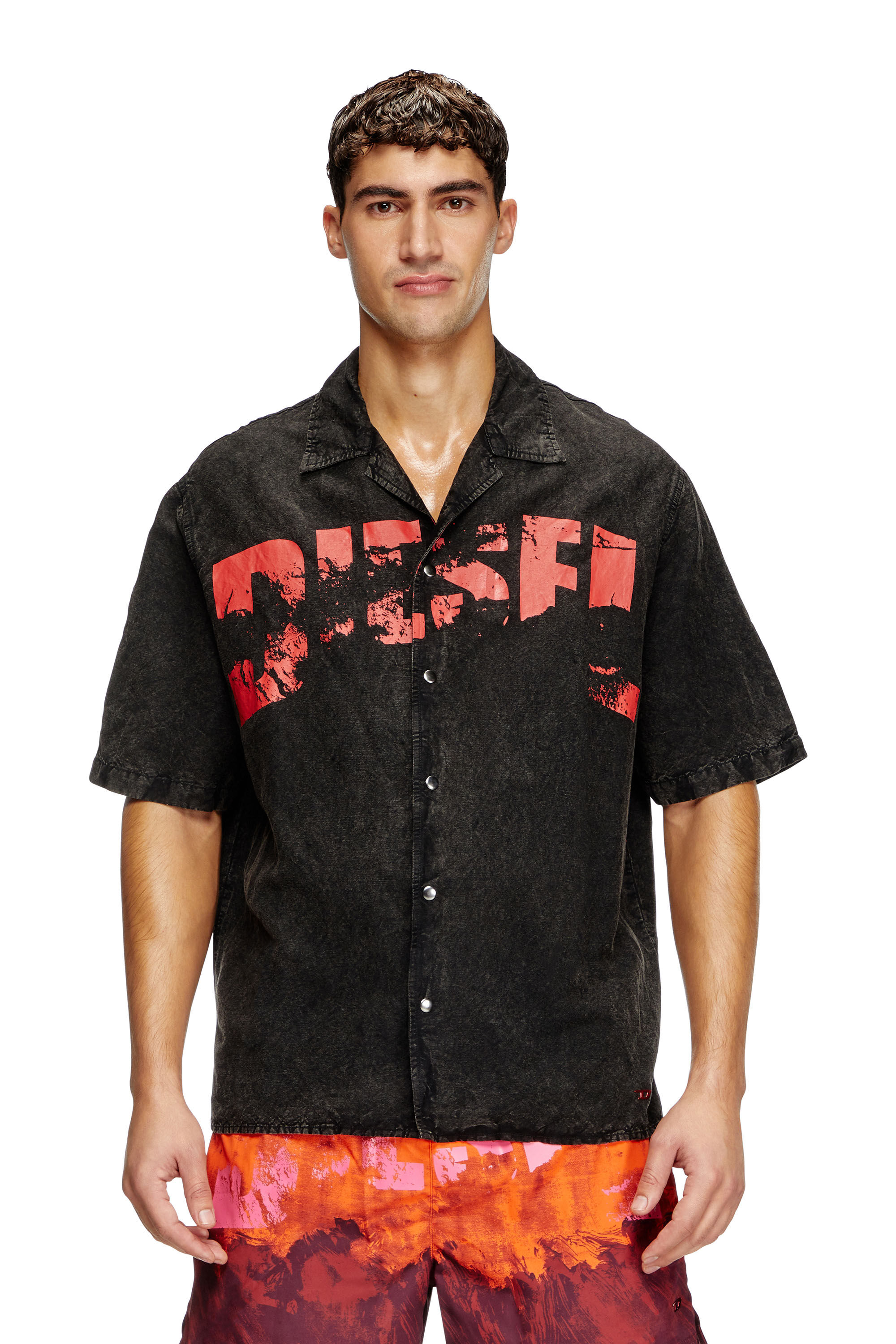 Diesel - CHARLES-D-POP, Male's Beach shirt in linen blend in Black - 1