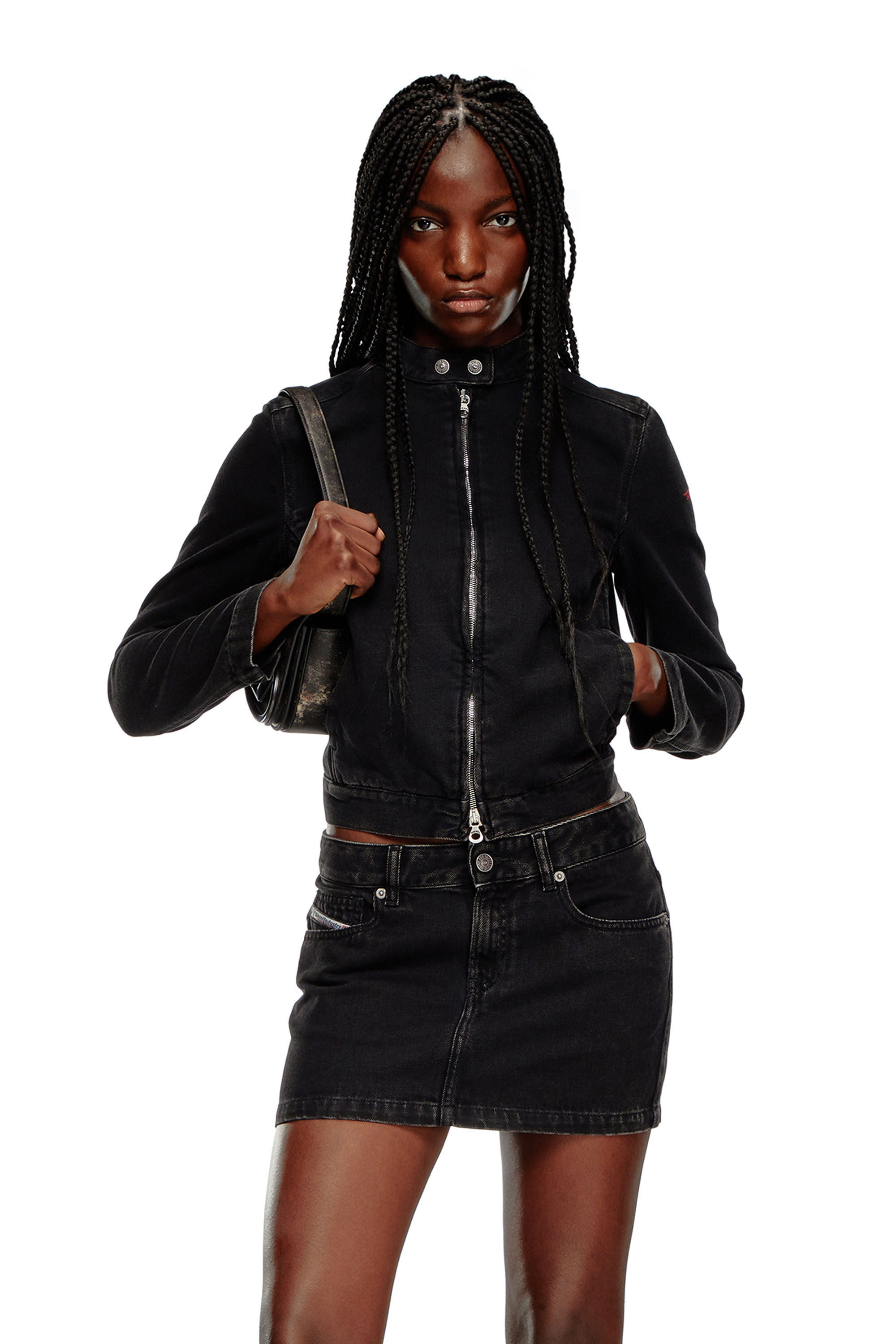 Black denim biker jacket womens sales