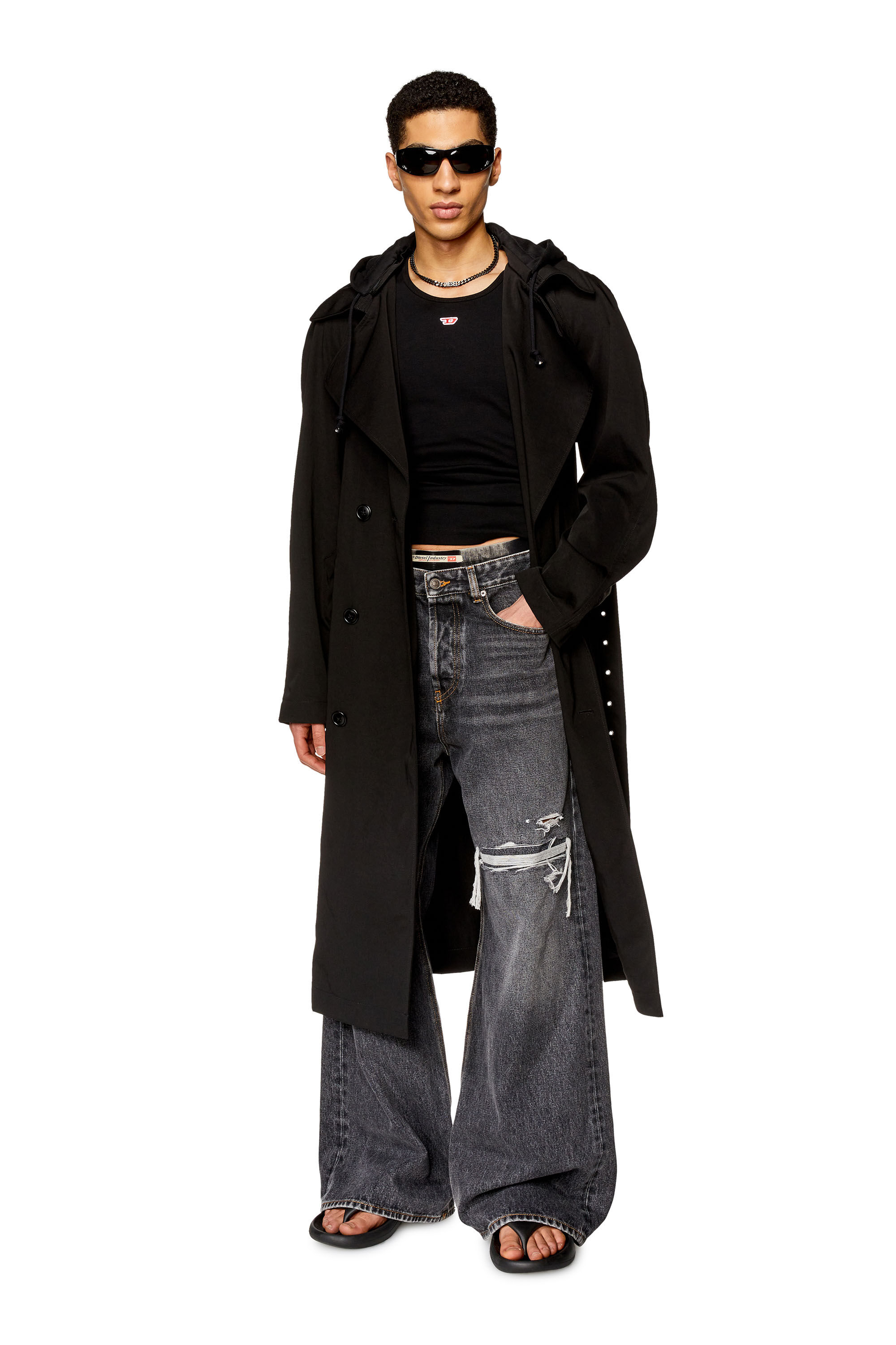 Diesel - J-MATTHEW, Trench-coat en sergé de nylon avec capuche Homme in Noir - 3