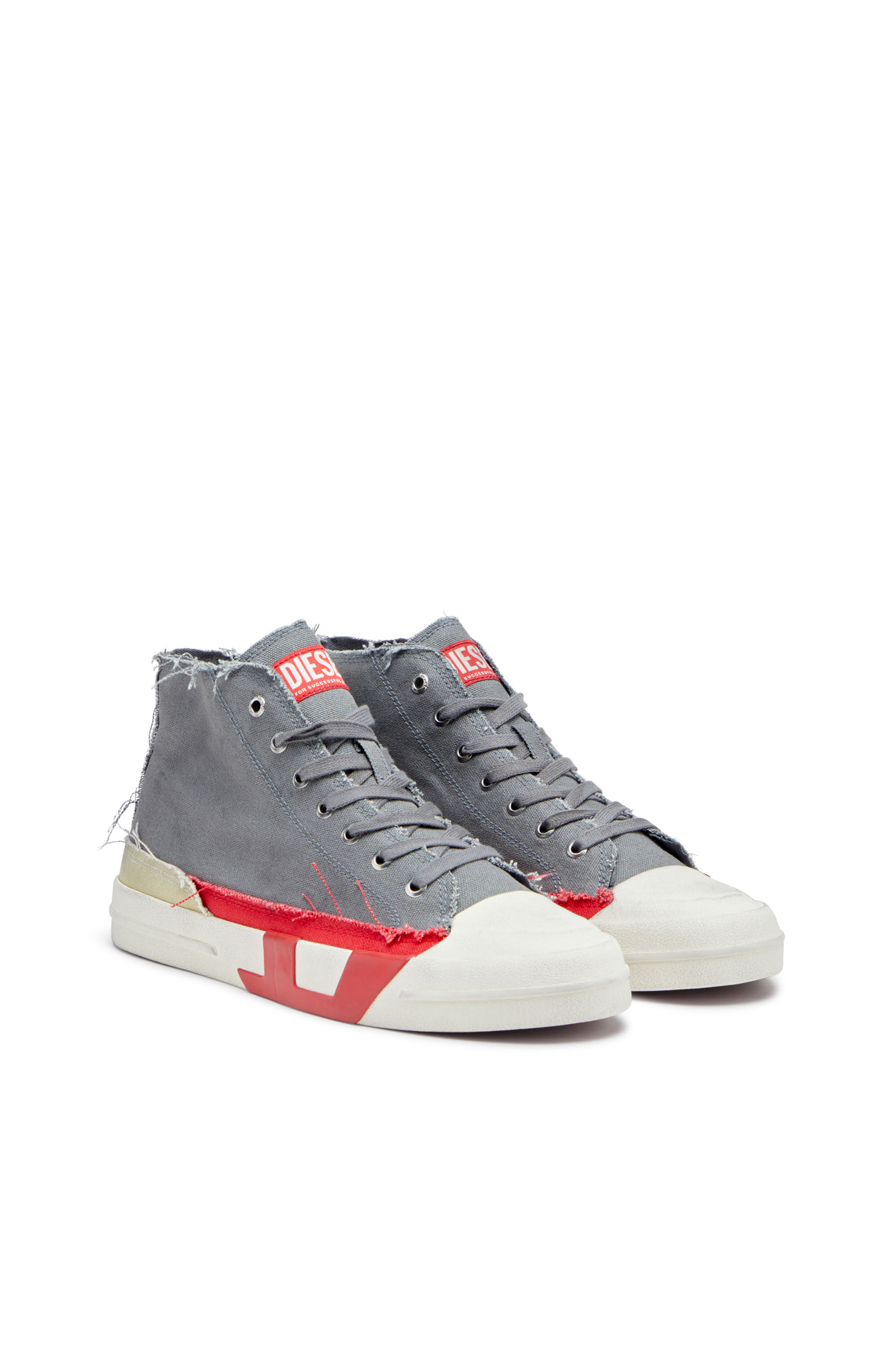 Diesel - S-D-VERSE MID, Male's S-D-Verse-Dirty-effect high-top canvas sneakers in Grey/Red - 2