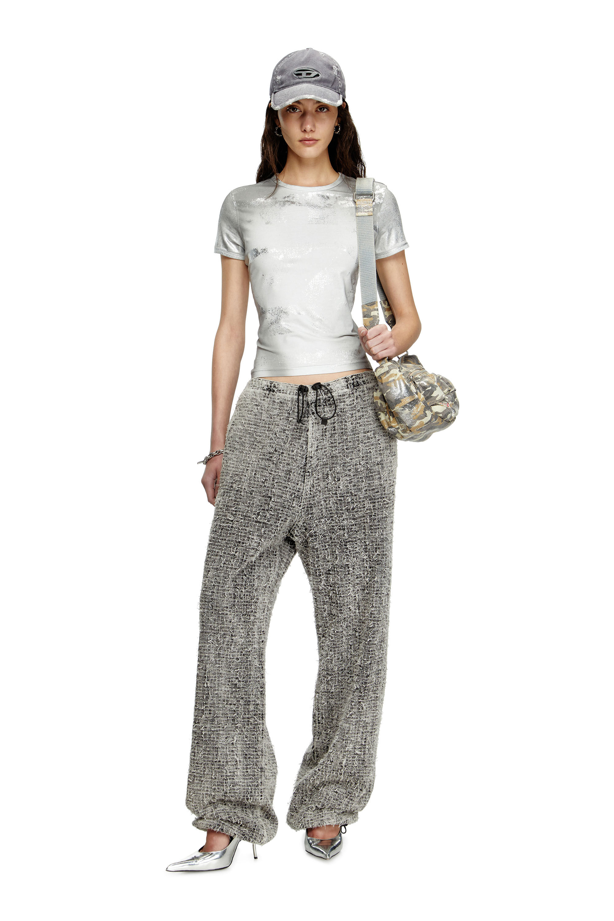 Diesel - T-UNCUTIE-LONG-Q5, Female's Logo T-shirt with metallic effects in Silver - 1