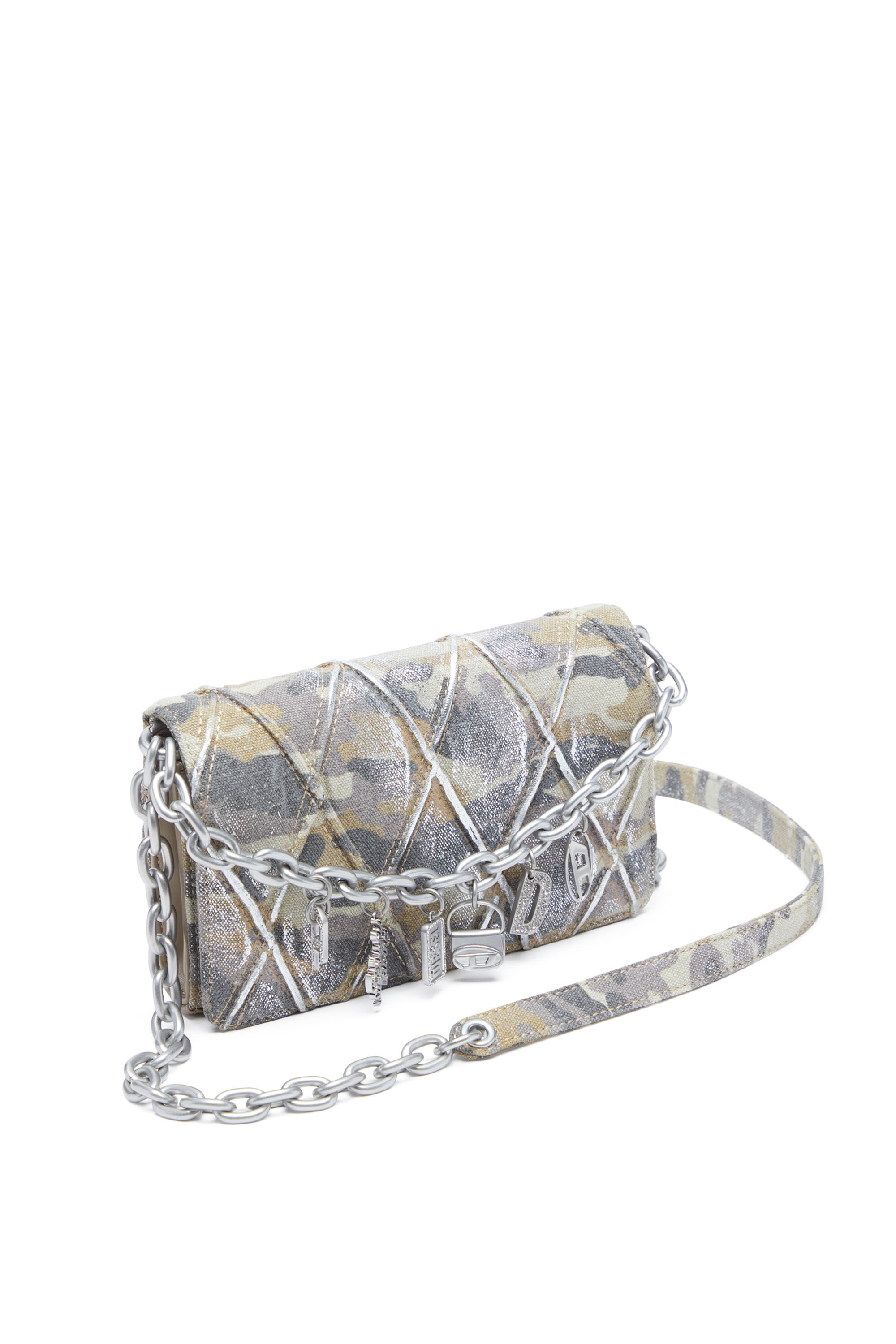 Diesel - CHARM-D WALLET STRAP, Female's Wallet purse in argyle quilted denim in Beige/Grey - 5