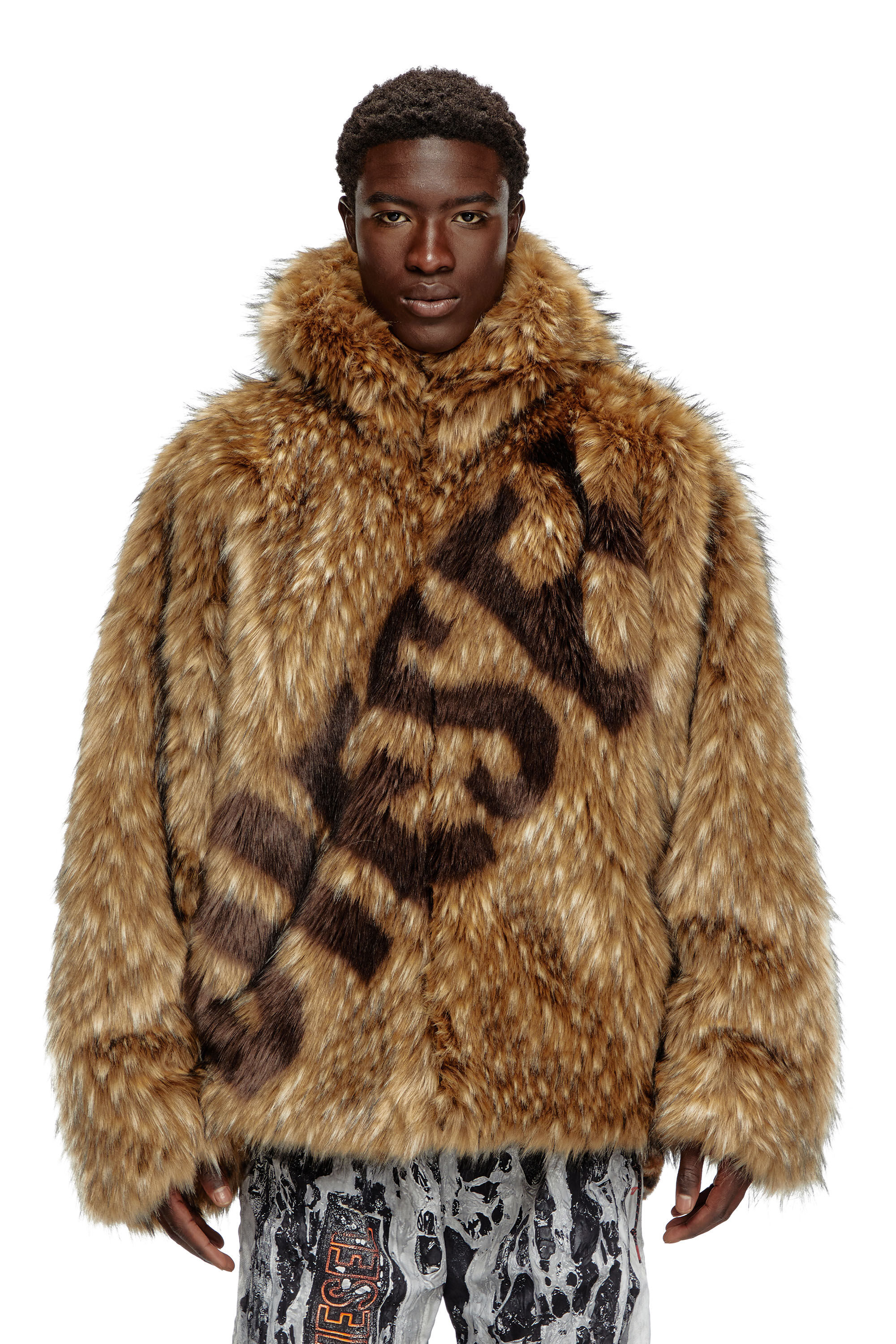 Men s Synthetic hair hooded jacket with logo Brown Diesel