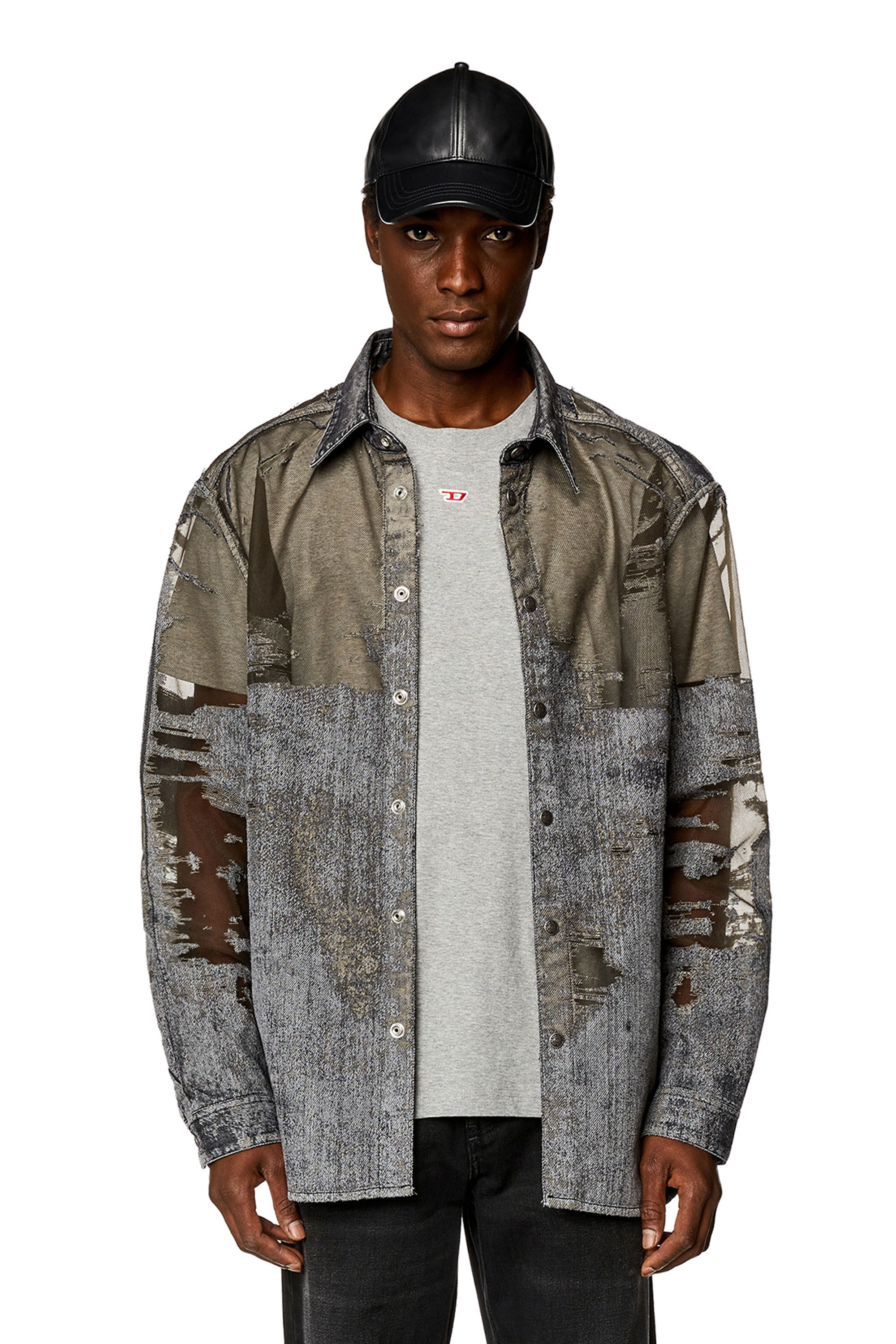 Diesel - D-SIMPLY-OVER-FSD, Male's Denim shirt with devoré in Dark Grey - 3