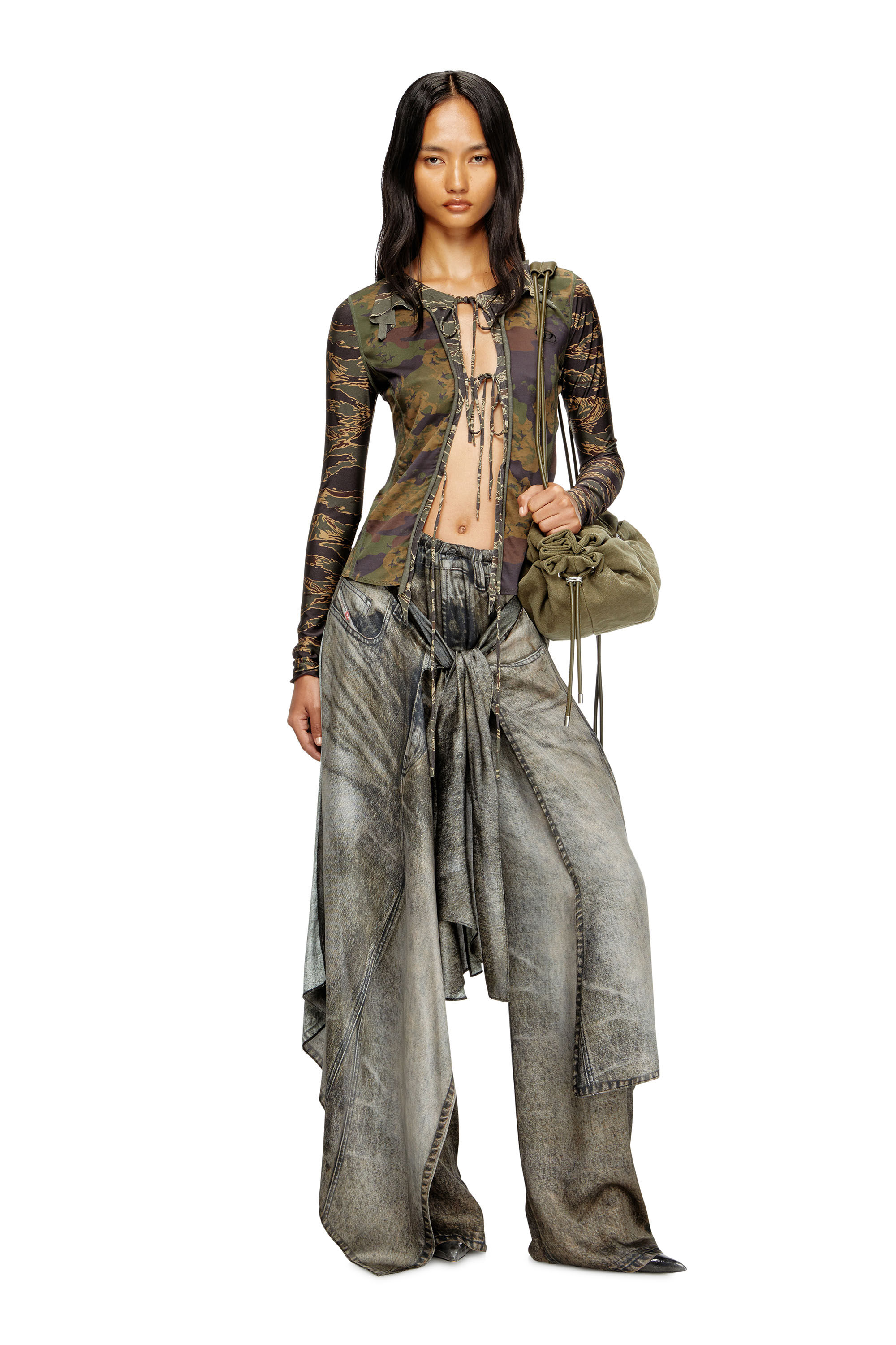 Diesel - T-AFRY, Female's Tie cardigan with mixed camo prints in Military Green - 1