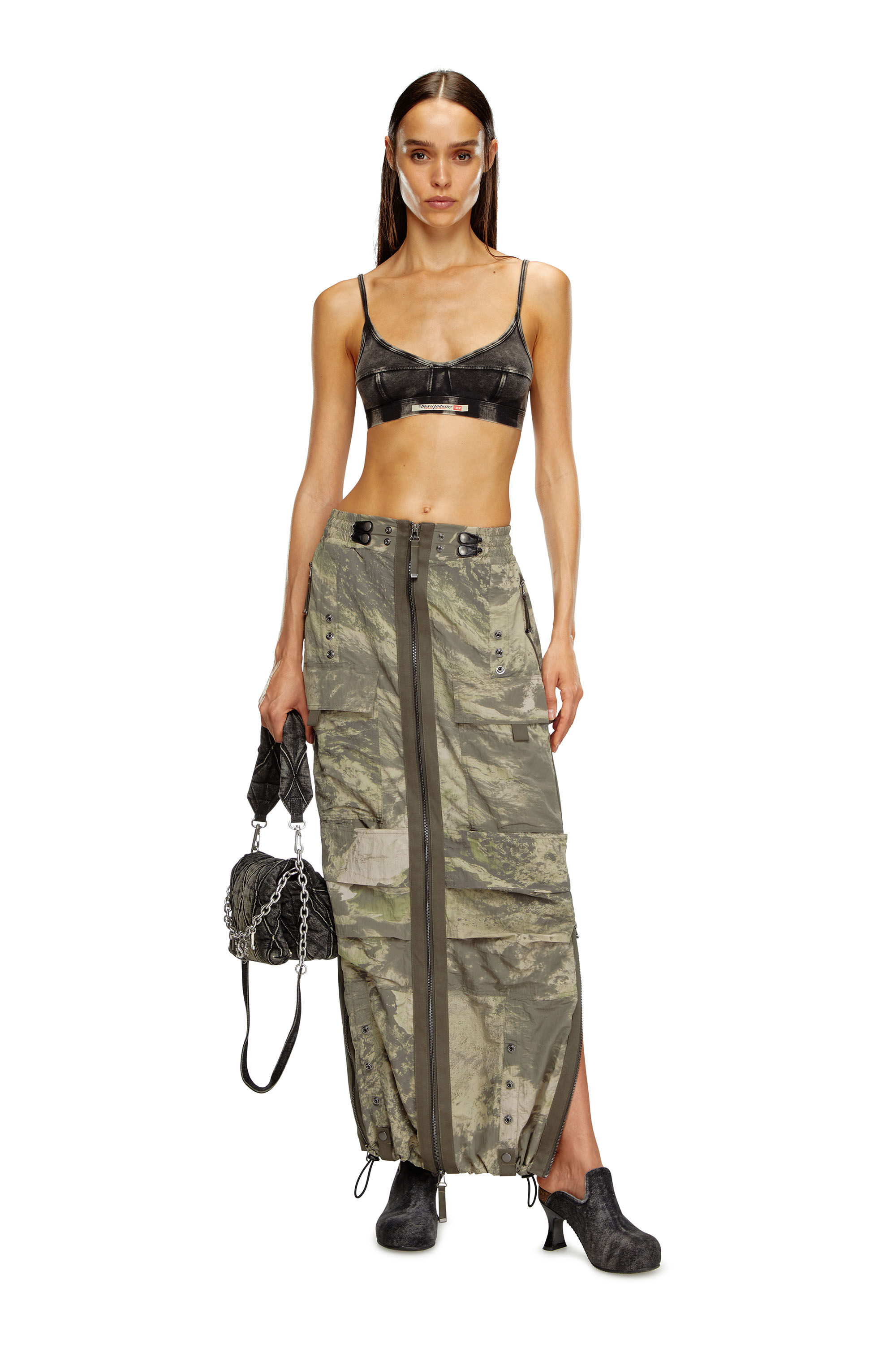 Diesel - O-CREP-N1, Female Long skirt with cargo pockets in Green - Image 1