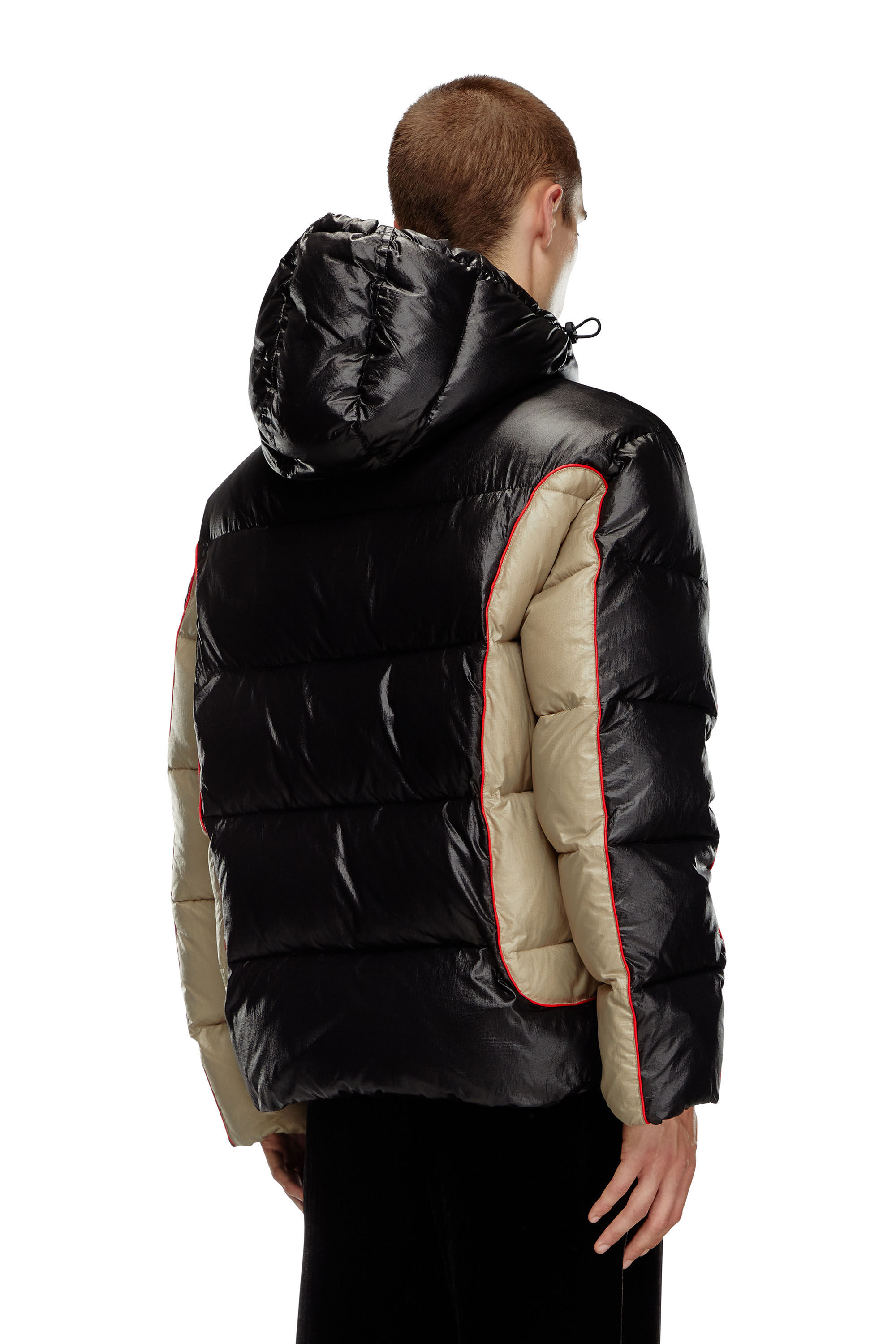 Diesel - W-OSTEND, Male's Hooded puffer jacket in shiny ripstop in Black/Beige - 5