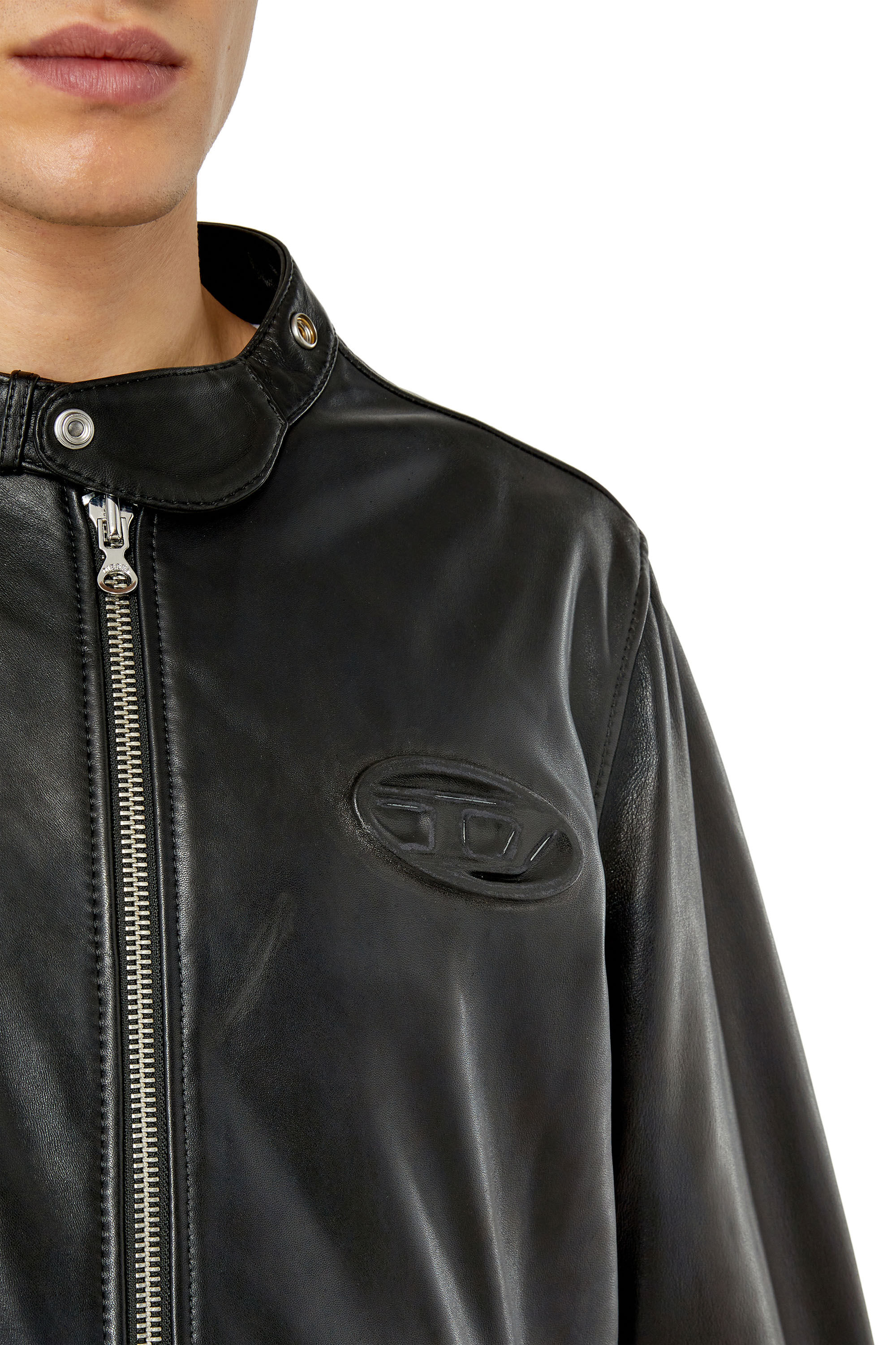 Diesel - L-METAL, Male's Leather biker jacket with logo plaque in Black - 4
