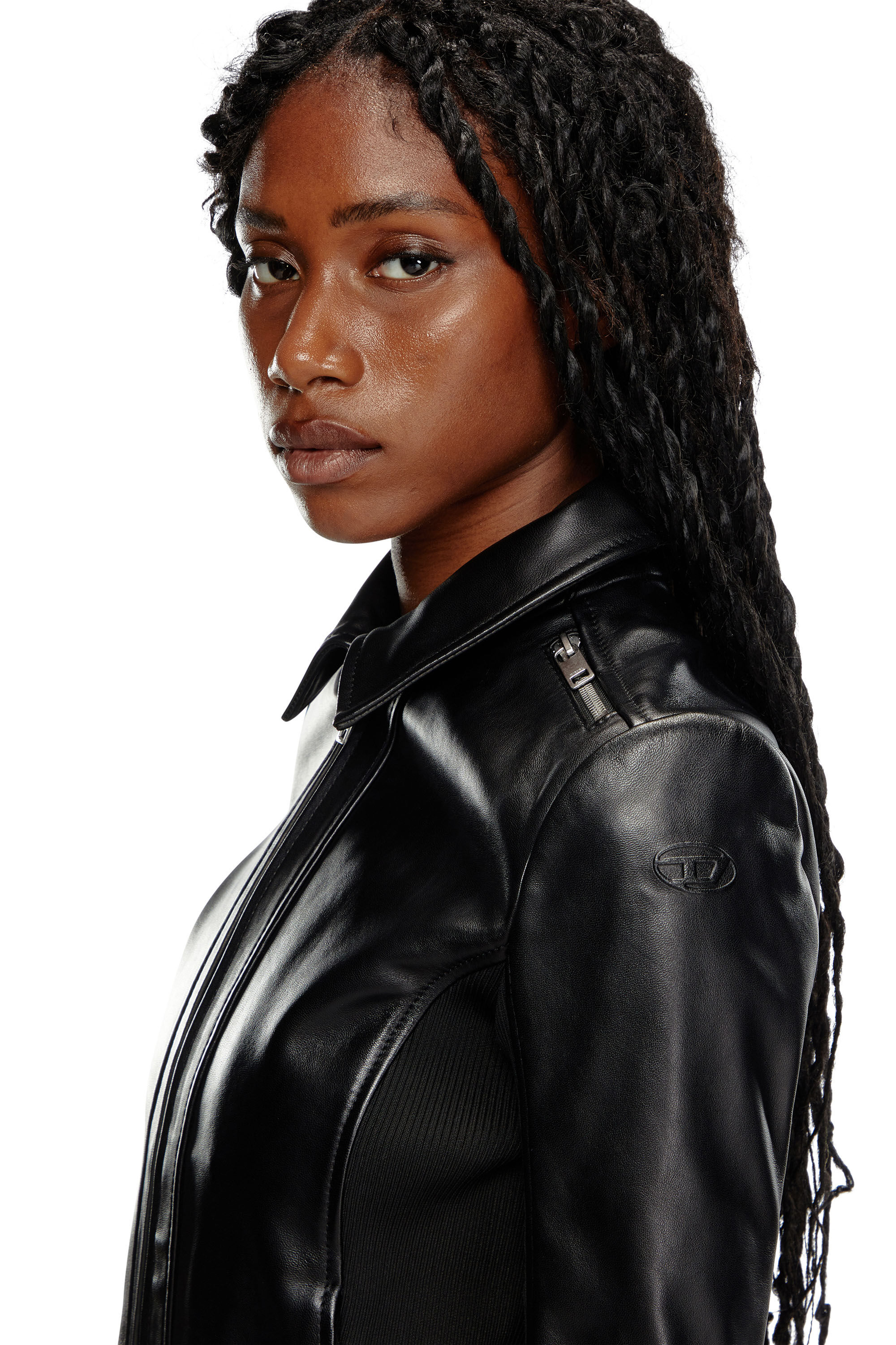 Women s Leather biker jacket with rib panels Black Diesel
