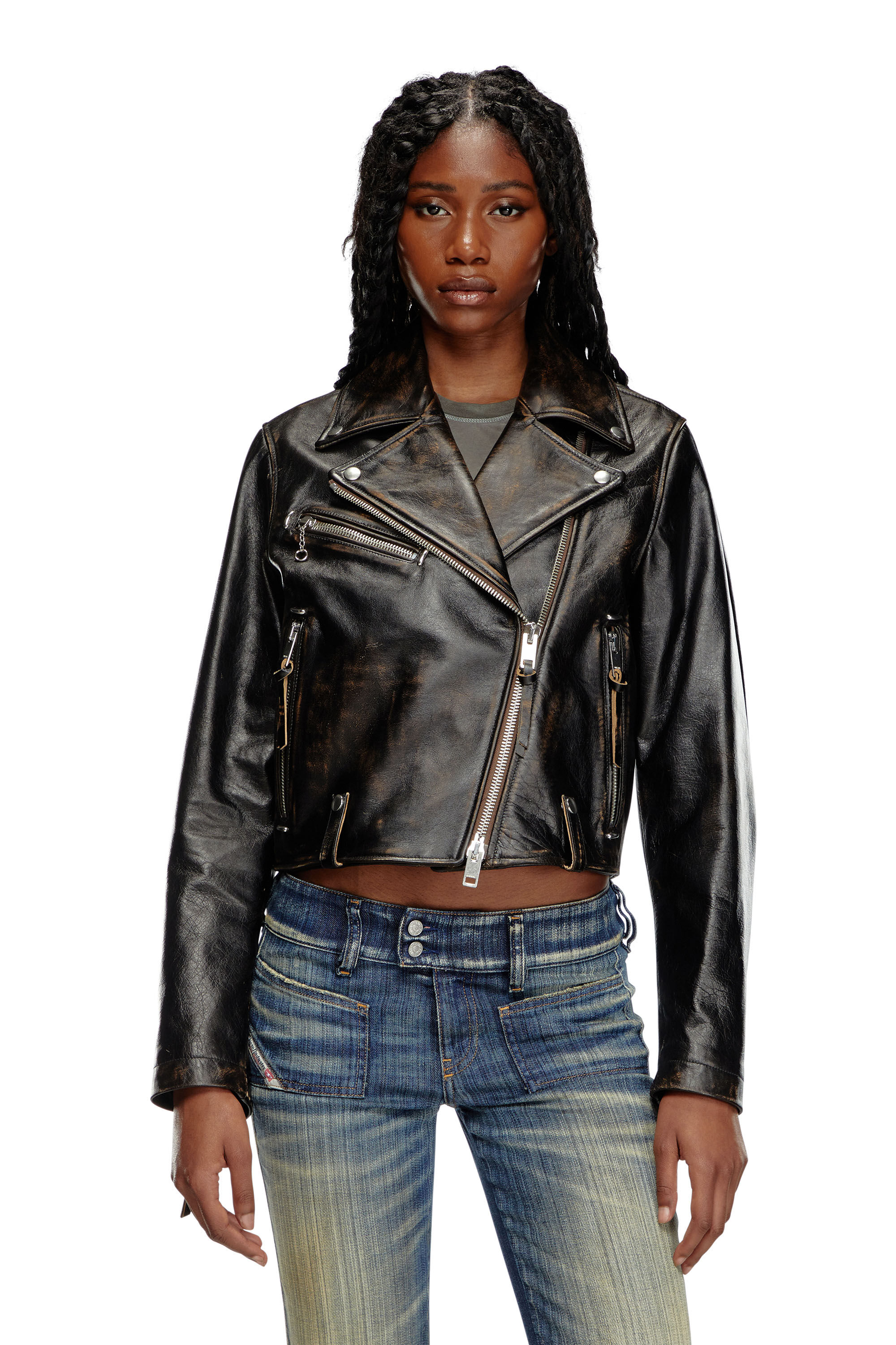 Diesel - L-EDMEA-CL, Veste de motard en cuir traité Femme in Noir - 3