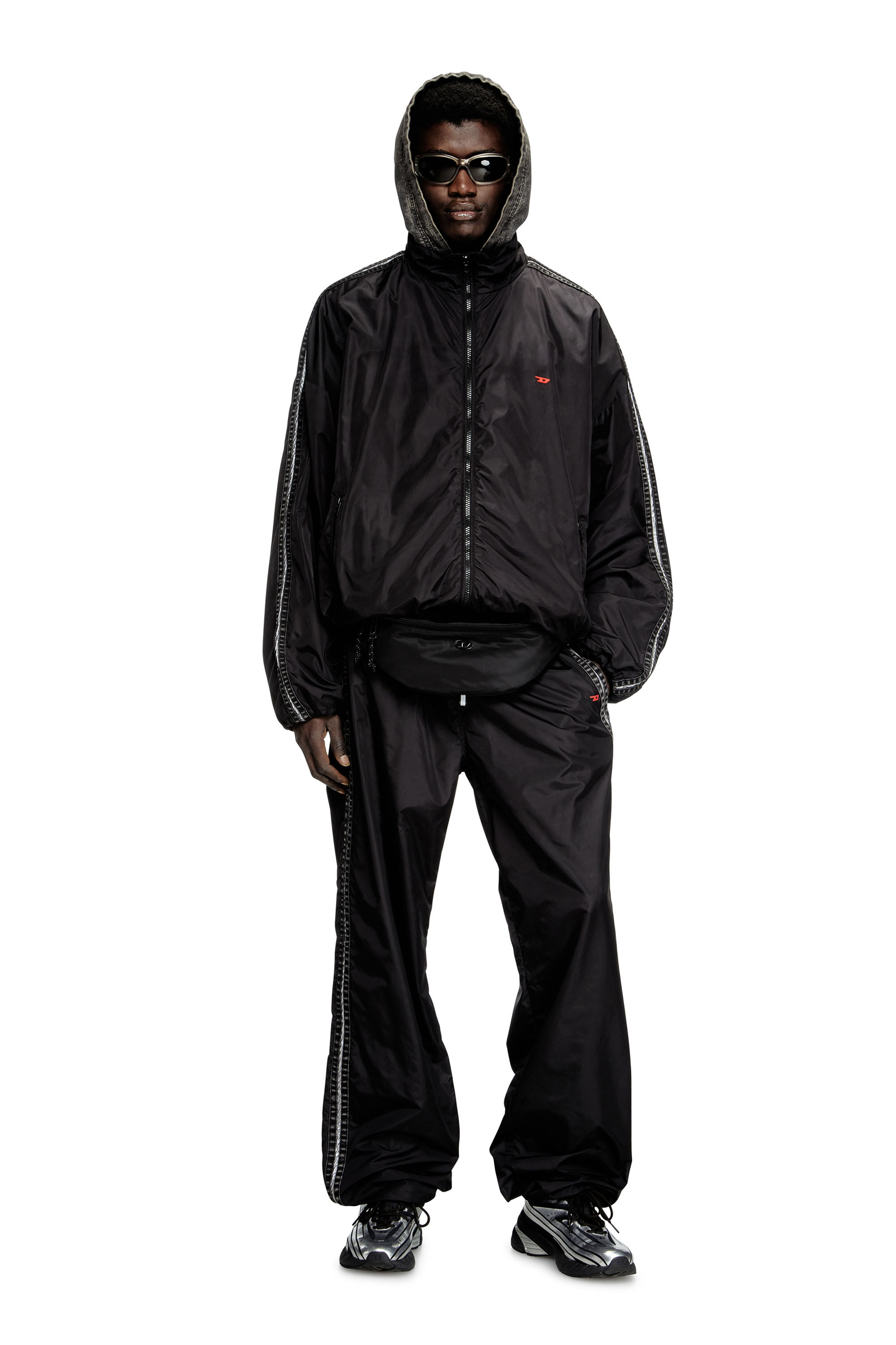 Diesel - J-CARON, Male's Nylon track jacket with denim bands in Black - 1