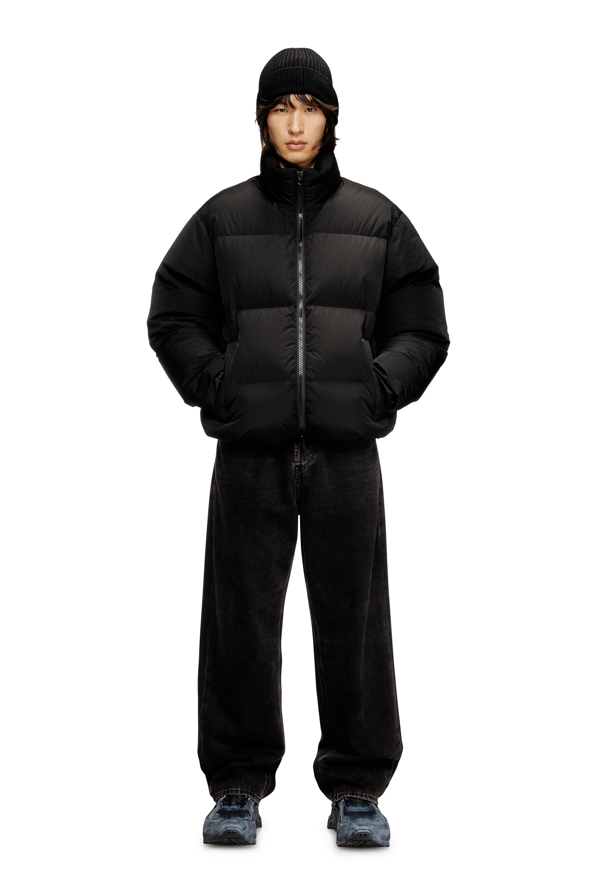 Diesel - W-RAVEEL, Male's Hooded down jacket in wrinkled nylon in Black - 1