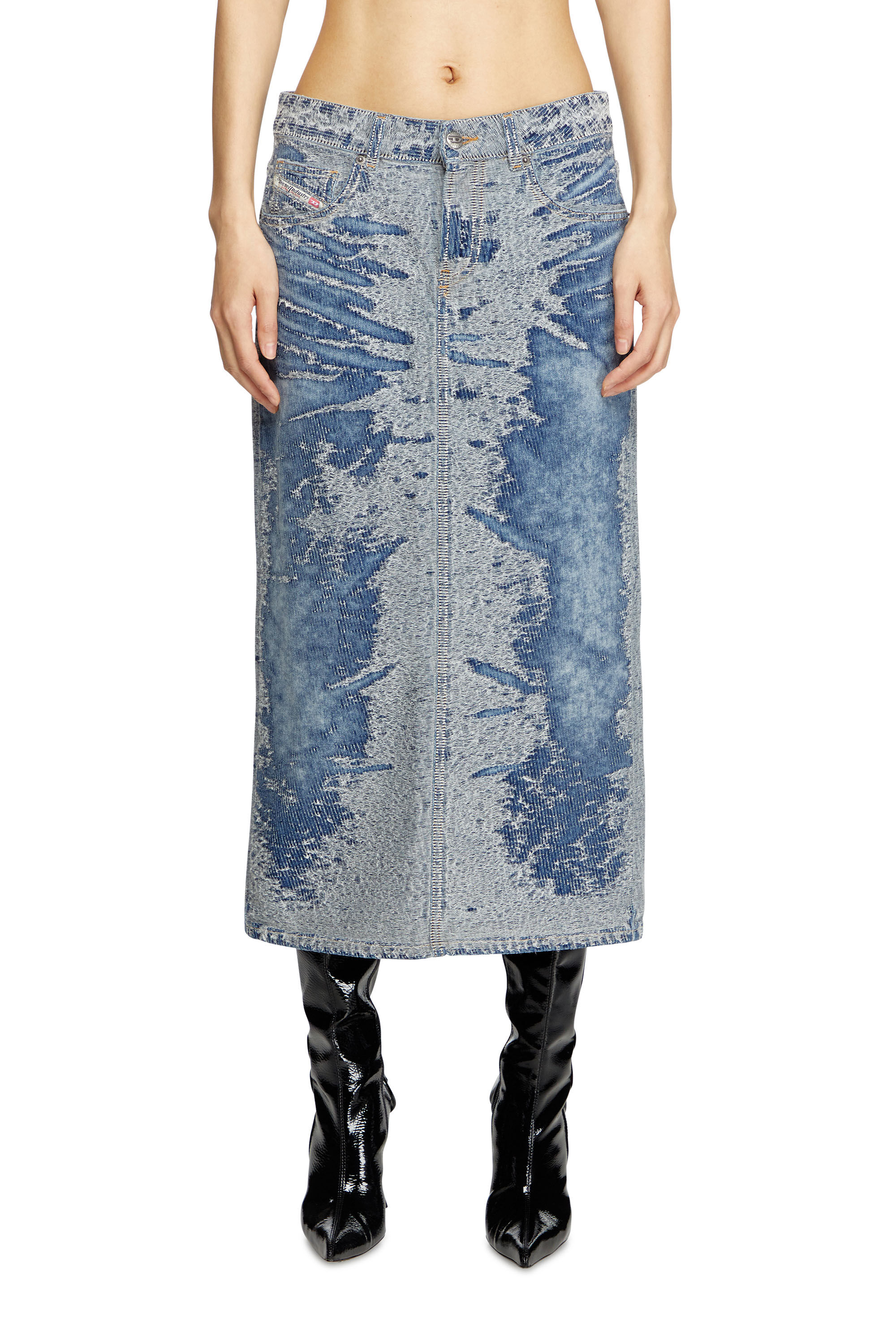 Diesel - DE-SKYE-S, Jupe midi en denim jacquard effet vieilli Femme in Bleu - 3