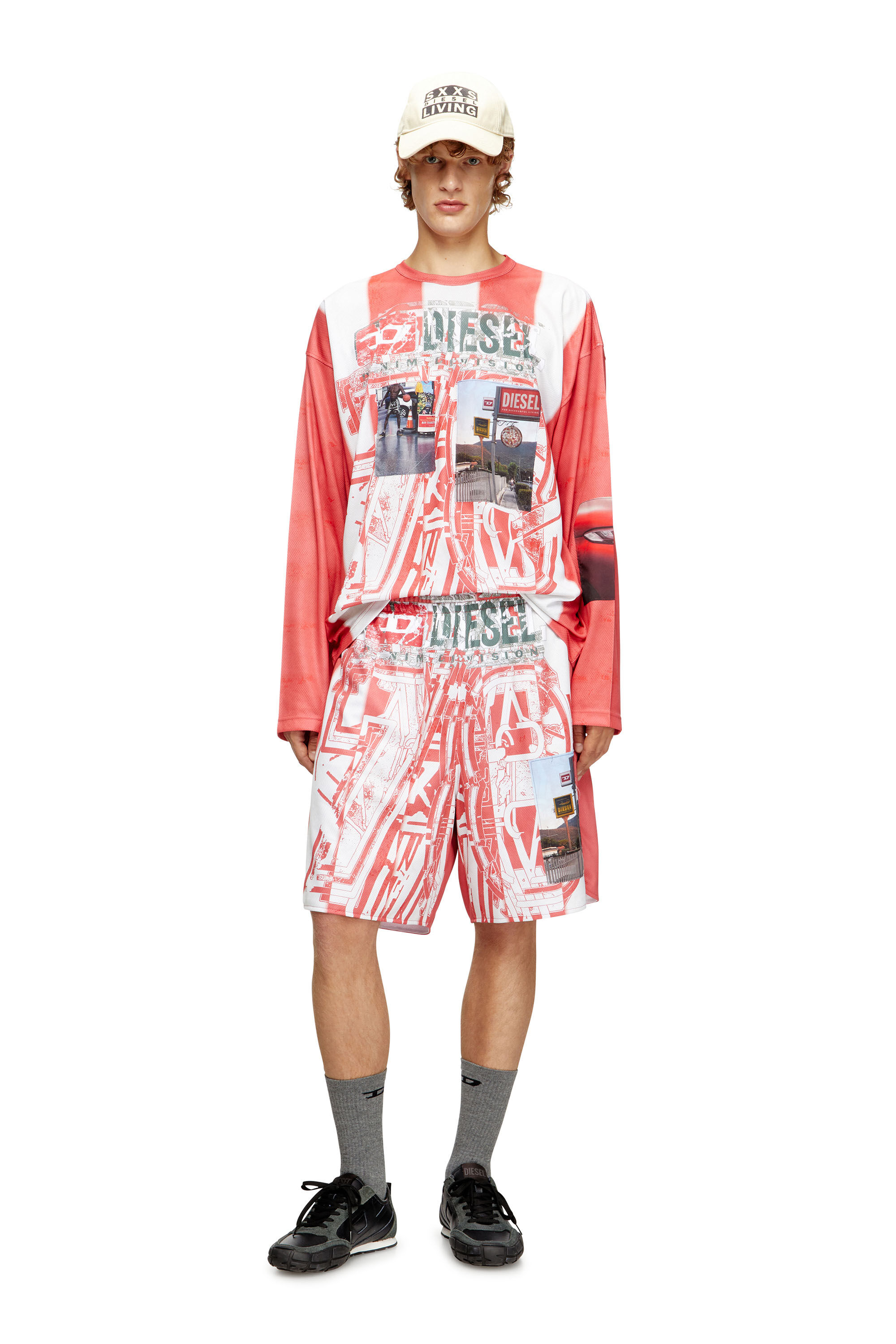 Diesel - T-RUBY, Male's Striped long-sleeve T-shirt with photo patches in Red/White - 1