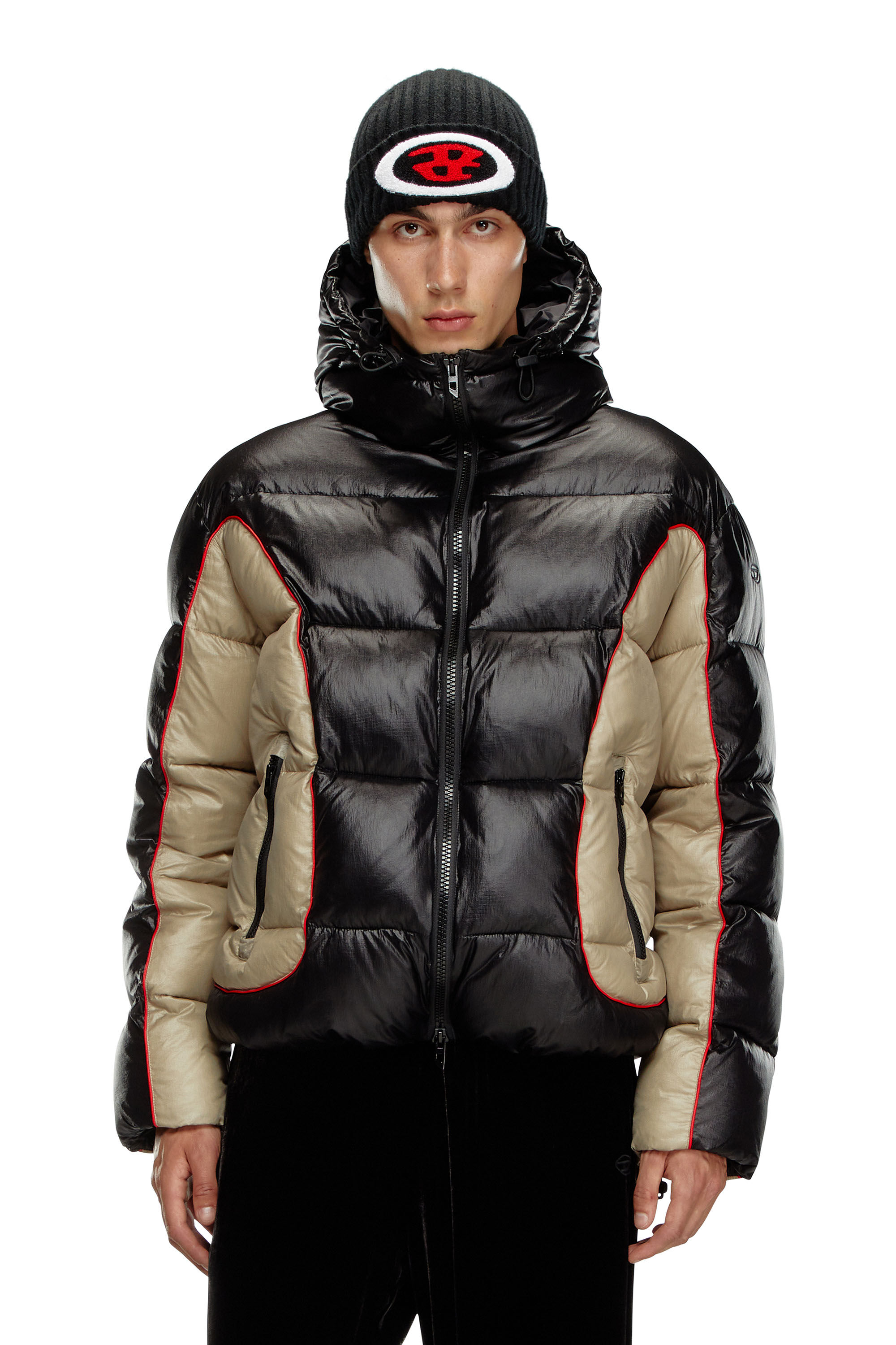 Diesel - W-OSTEND, Male's Hooded puffer jacket in shiny ripstop in Black/Beige - 3