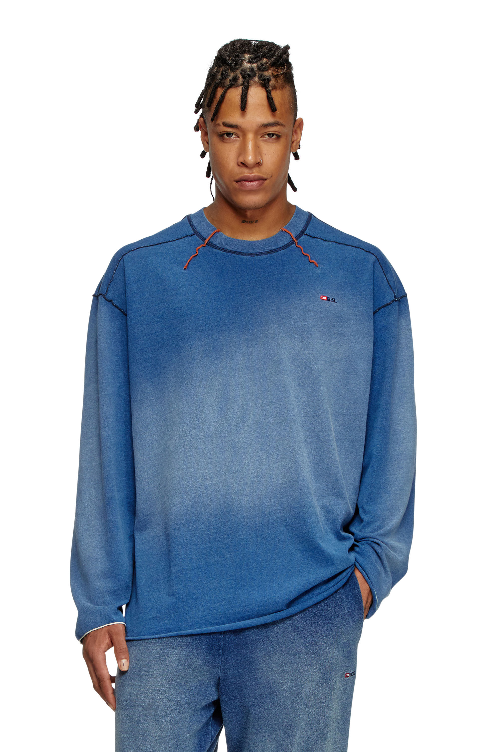 Diesel - T-CRAO-LS, Male's Faded long-sleeve T-shirt with micro logo in Blue - 3