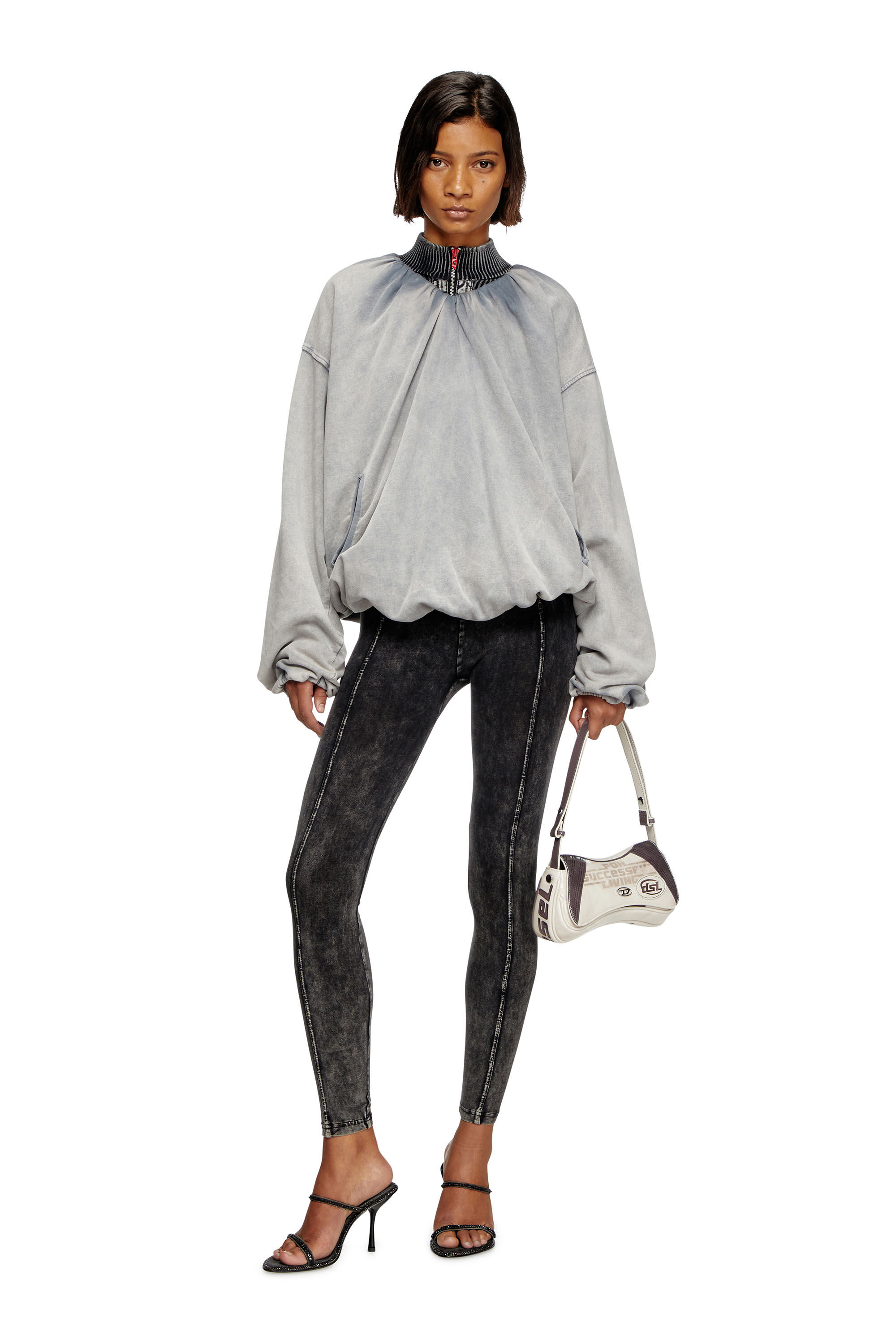 Diesel - F-INDY, Female's Gathered sweatshirt with bleached effect in Light Grey - 1