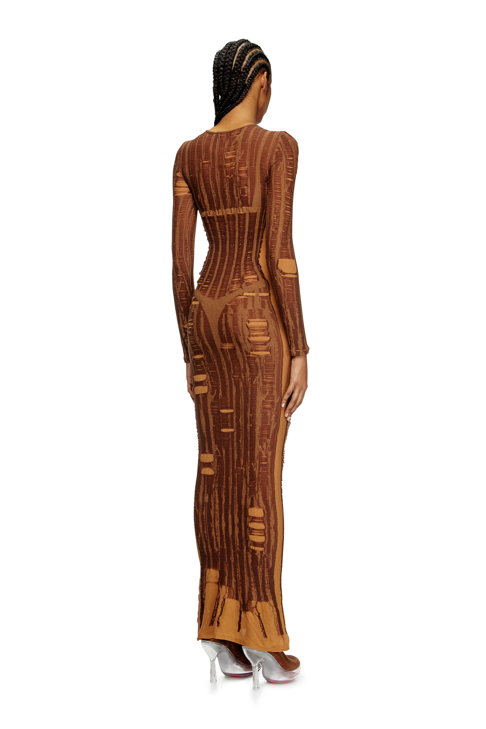 Diesel - M-CALIMERA, Female's Maxi dress in distressed second-skin knit in Brown - 3