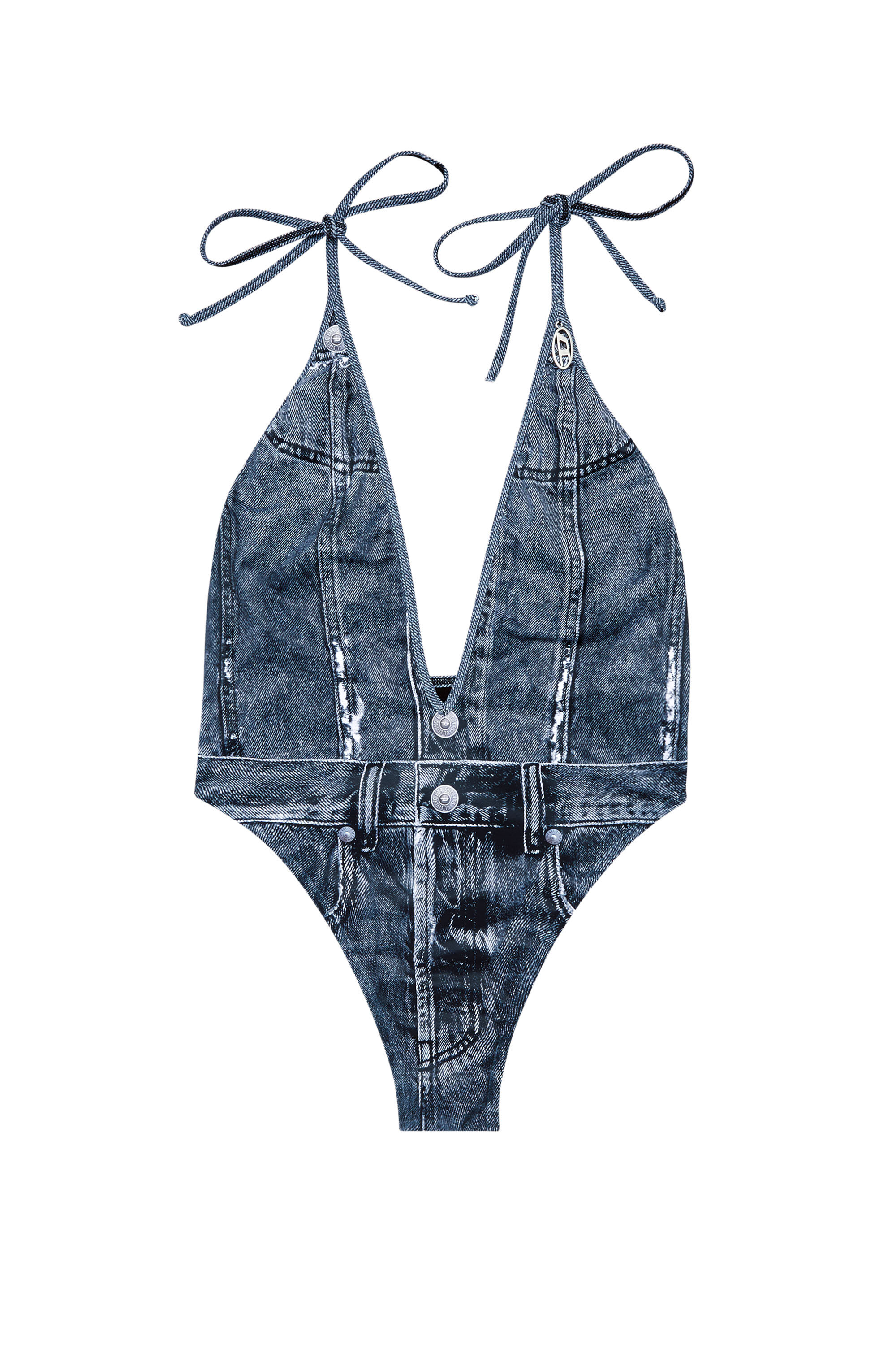 Diesel - KINSLEY-DNM, Female's Plunging swimsuit with denim trompe l'oeil in Blue - 4