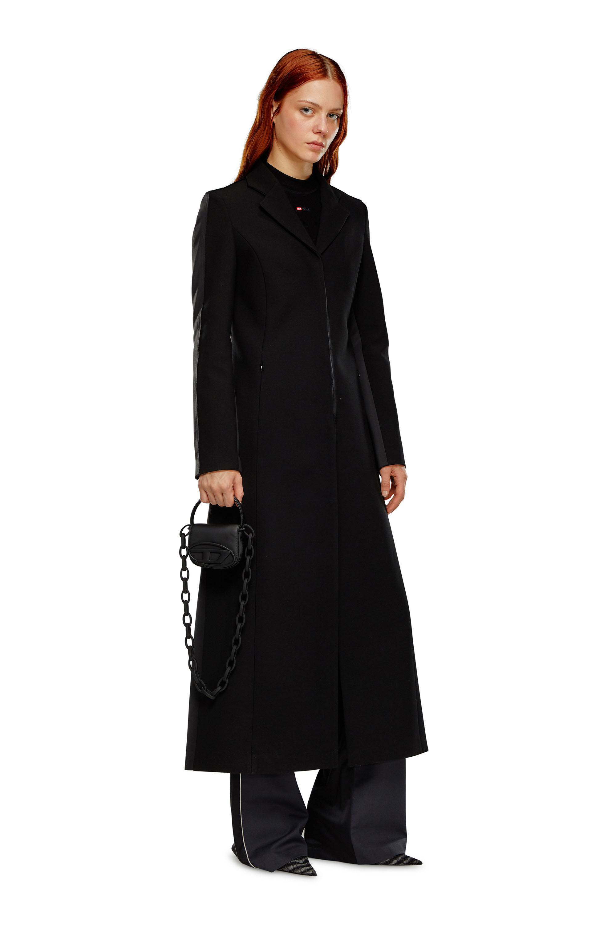 Manteau long en laine fraiche et tissu technique Femme Noir Diesel