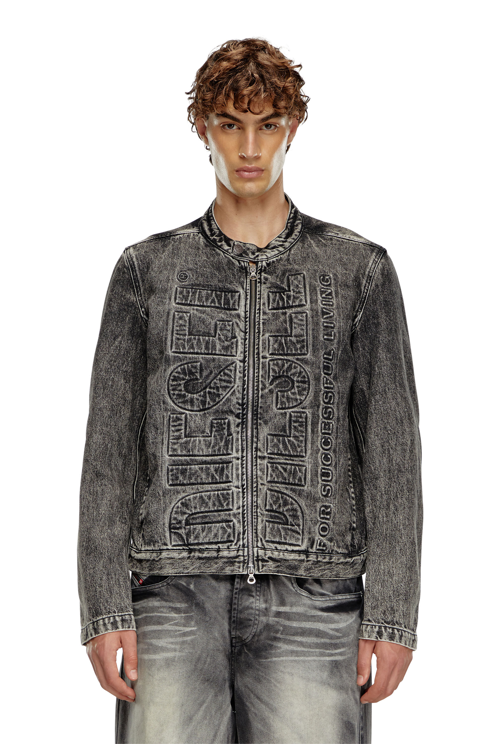 Men s Denim moto jacket with embossed logo Black Diesel