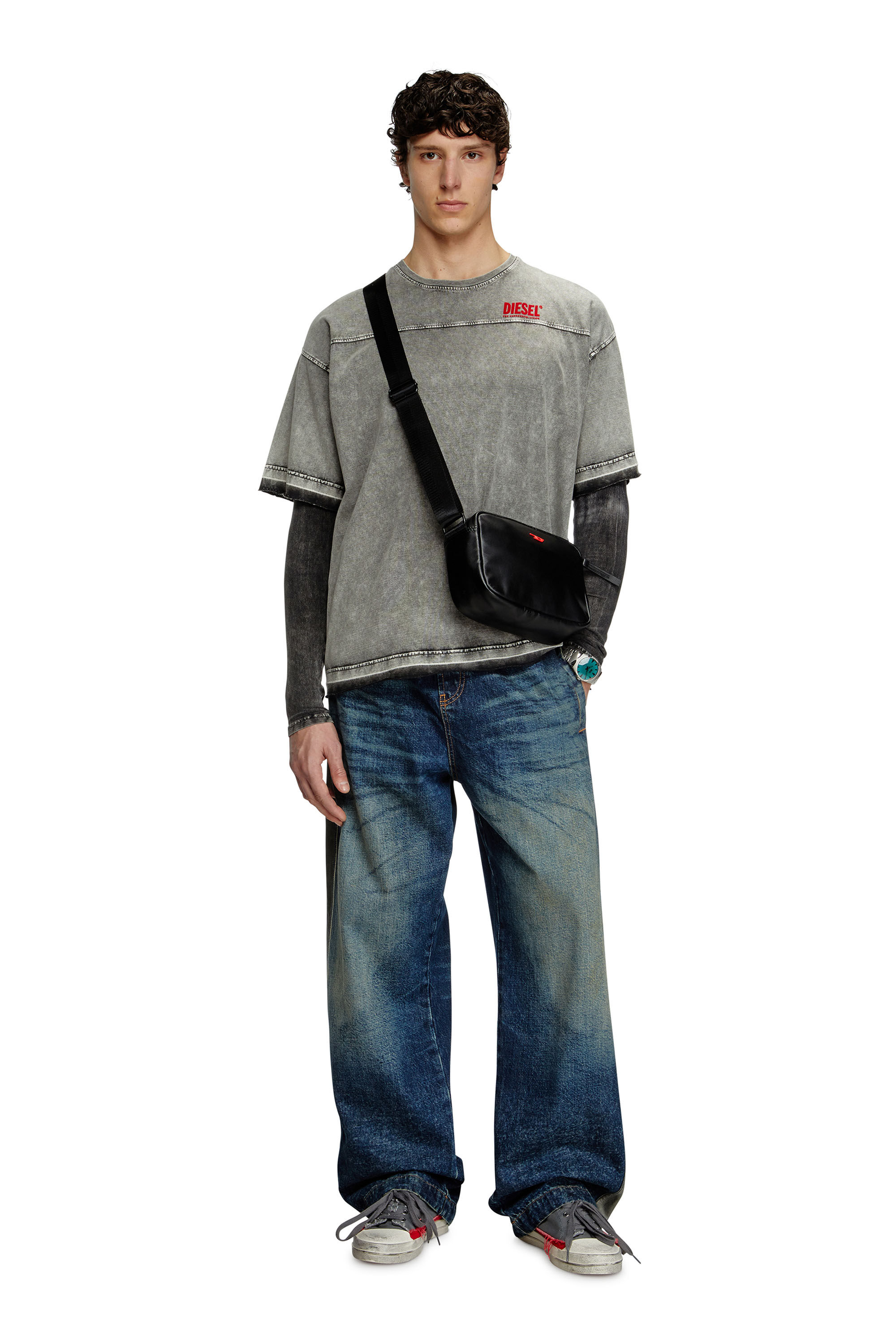 Diesel - T-HOXT, Male's Denim-look T-shirt with released hems in Light Grey - 1