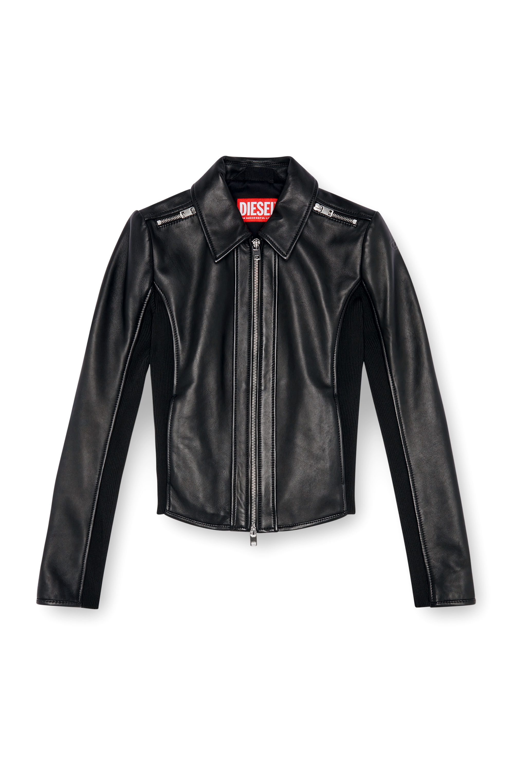 Women s Leather biker jacket with rib panels Black Diesel