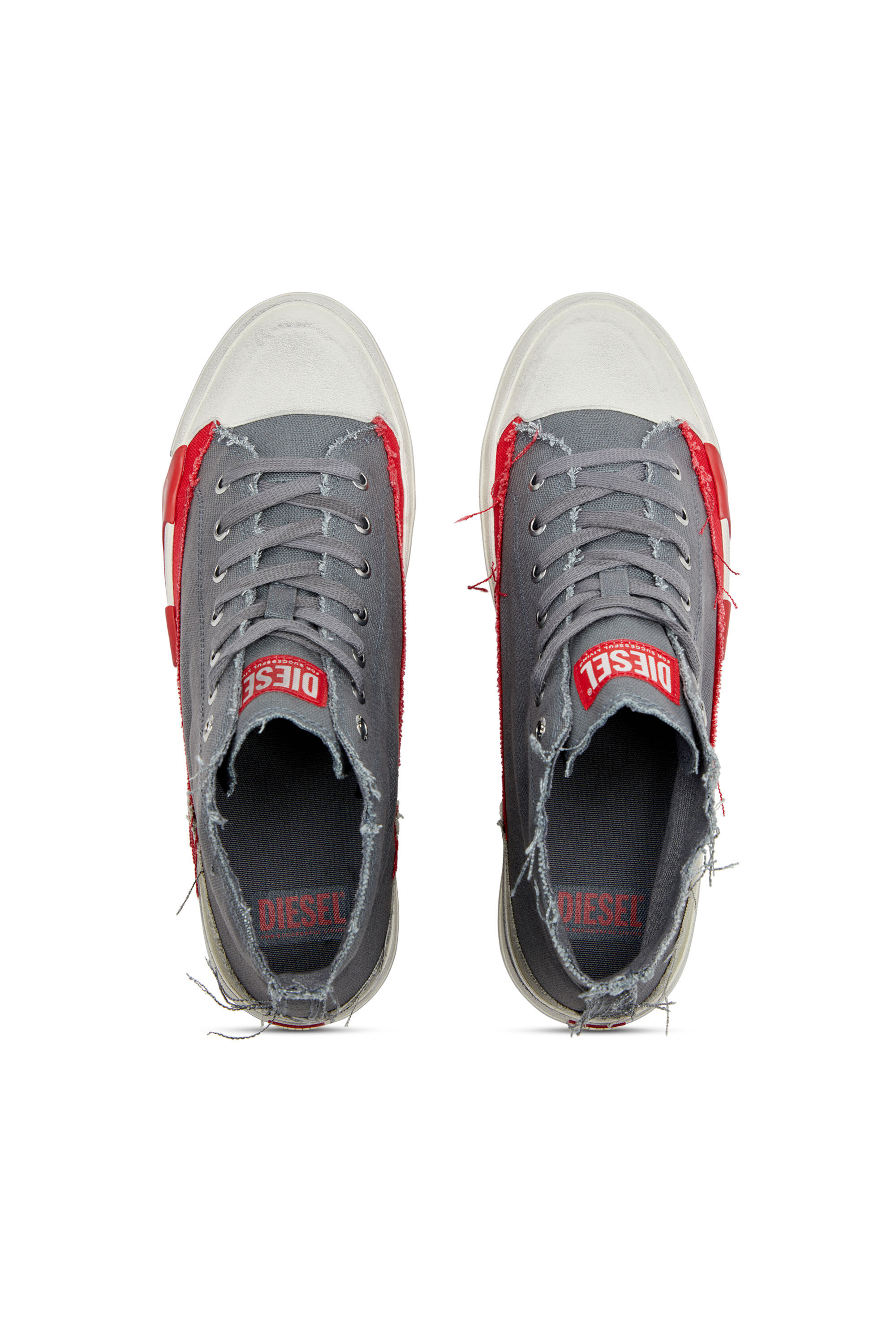 Diesel - S-D-VERSE MID, Male's S-D-Verse-Dirty-effect high-top canvas sneakers in Grey/Red - 4