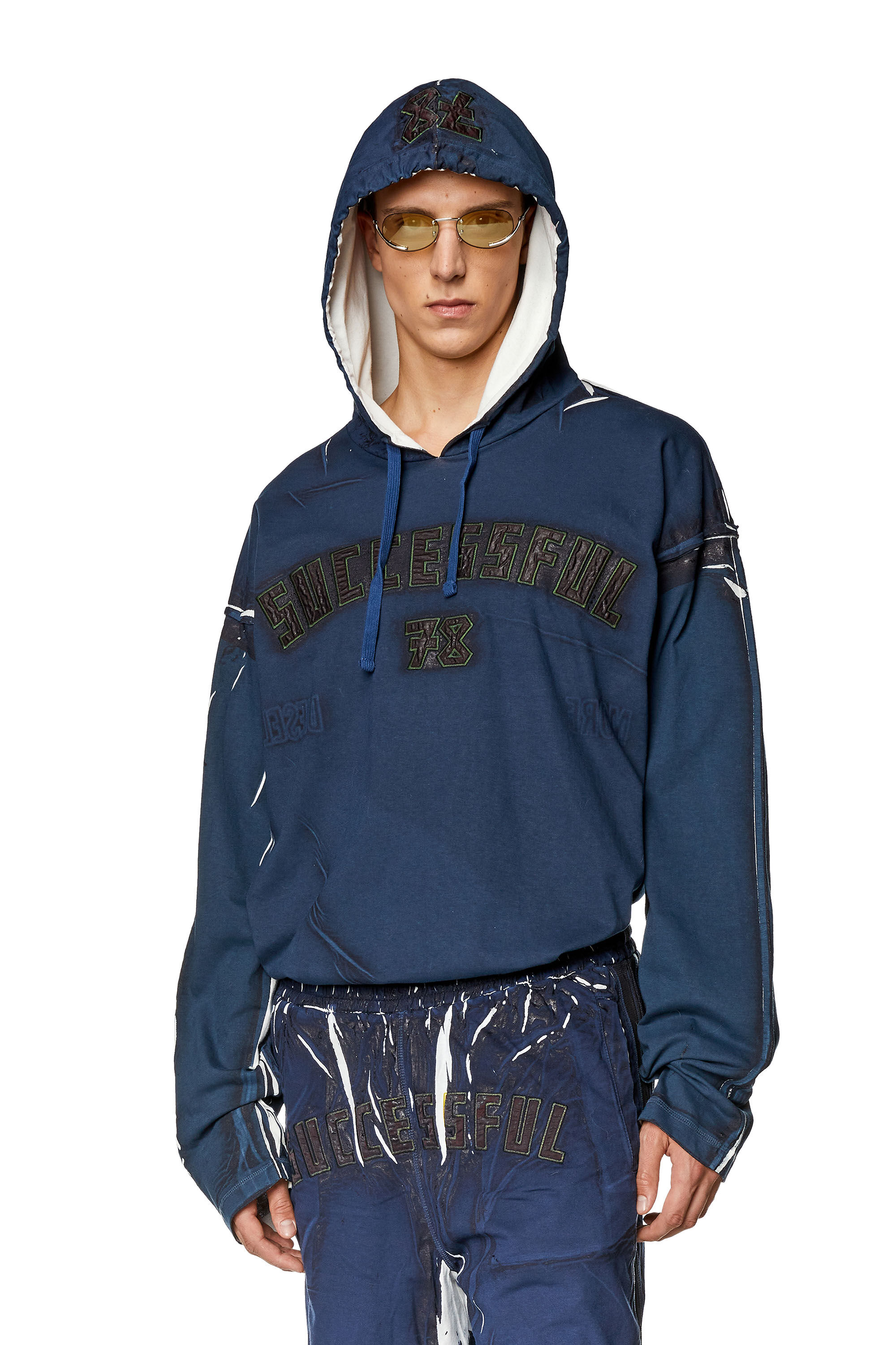 Diesel - T-NABEL-HOOD-LS, Top à capuche imprimé avec logo Homme in Bleu - 3