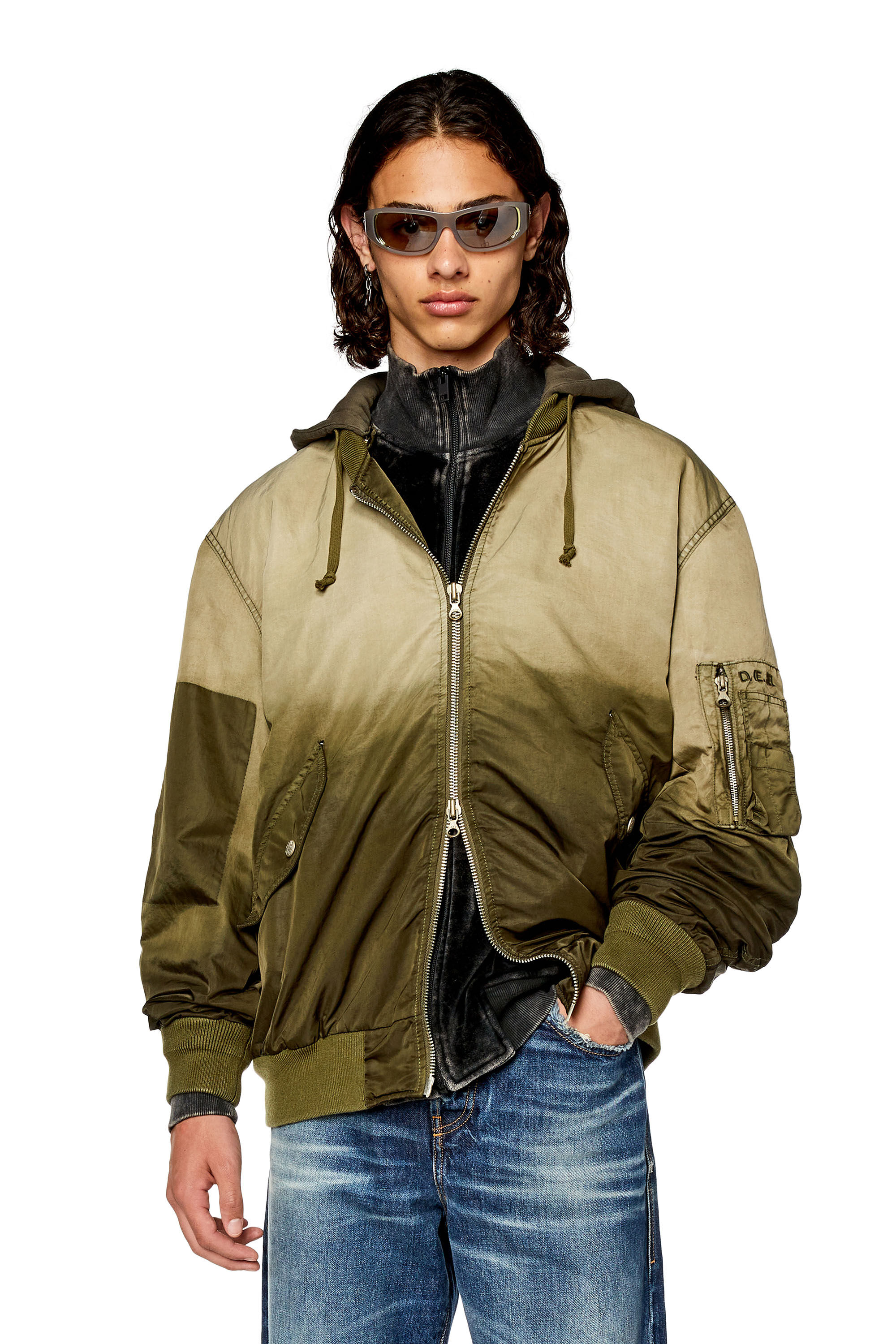 Diesel - J-COMMON, Male's Hooded bomber in treated nylon satin in Light Brown - 3