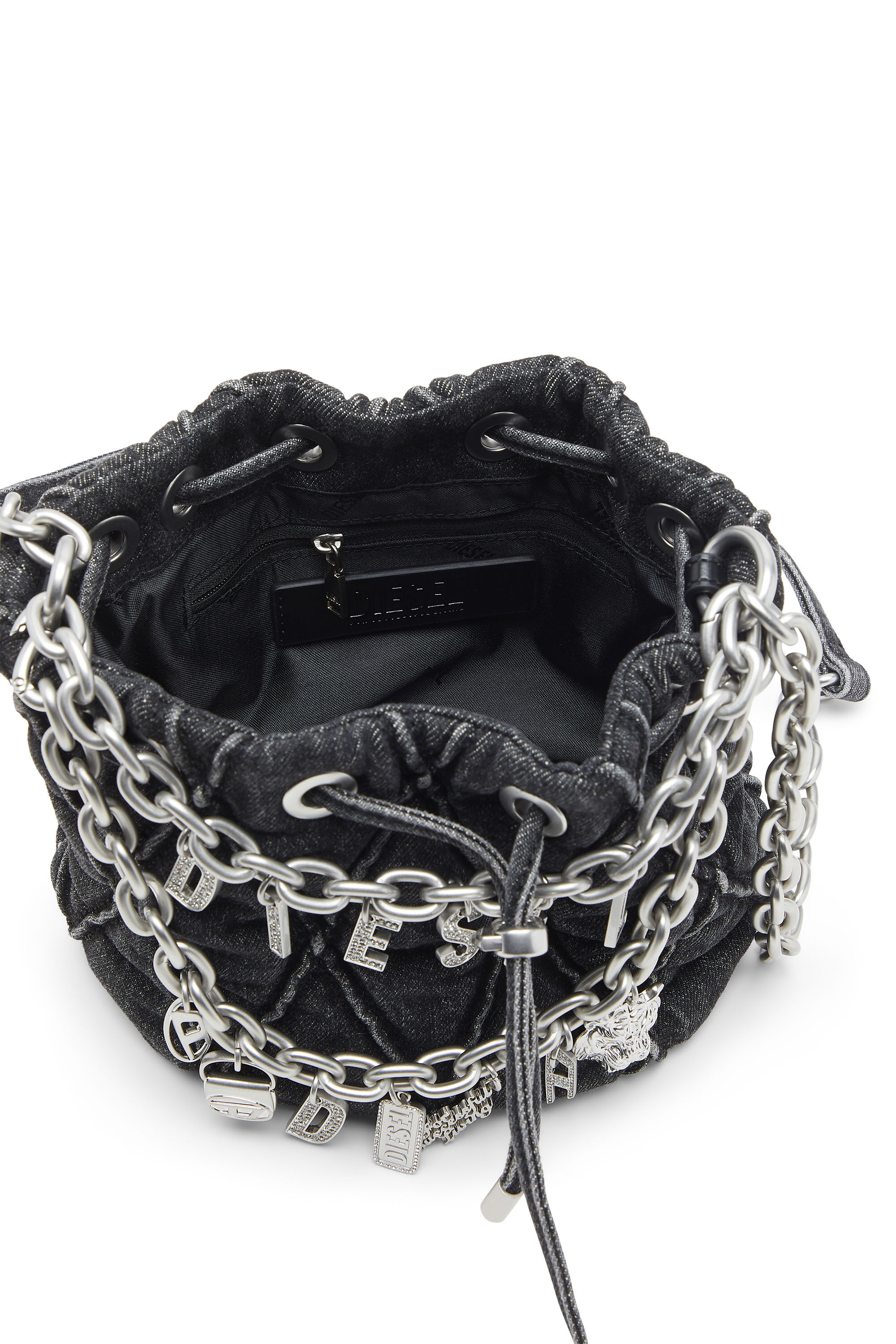 Diesel - HOSHI CHARM-D BUCKET S, Female's Quilted-denim bucket bag with chain charms in Black - 2