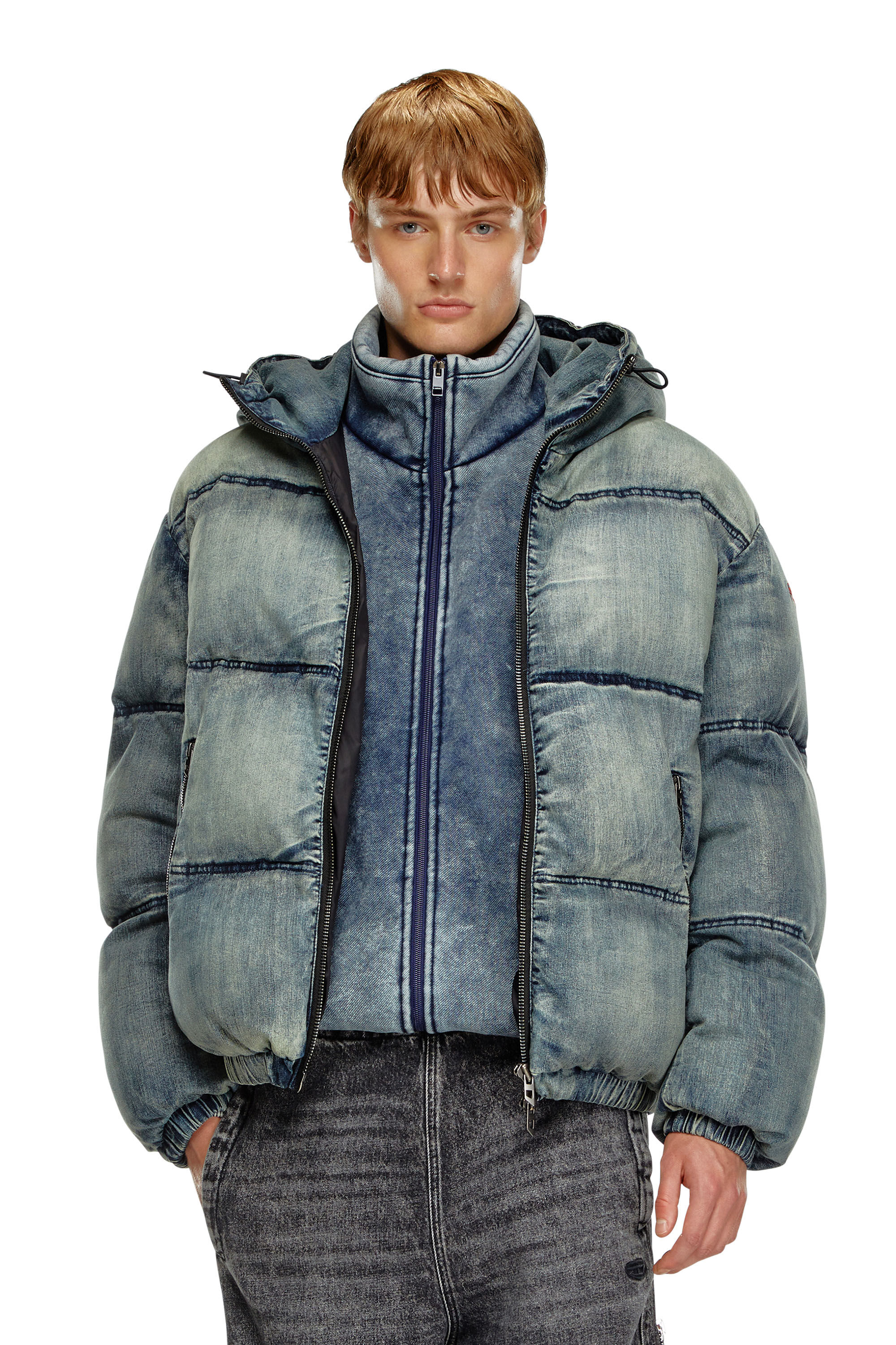 Diesel - W-MONS, Male's Puffer jacket in treated denim in Blue - 3